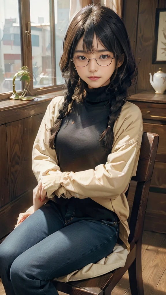 masterpiece, highest quality, one woman, Japanese people in their 20s, hairstyle:(black hair, very short hair, two braids, curly hair, With bangs), face:(symmetrical beauty, 小face, sharp outline, thick eyebrows, dark eyebrows, realistic eyes, double eyelid, droopy eyes, small nose, thick lips, close your mouth), expression:(smile, はにかんだ笑face), decoration:(rimless glasses, glasses with small lenses, square lens), body shape:(wheat-colored skin, realistic skin texture, I cup breasts, 少しふくよかなbody shape), clothing:(jacket:long beige coat, inside:black turtleneck sweater, pants:dark blue long jeans, brown long boots), posture:(sitting, on the chair, Show the whole body, Even the shoes are shown), The background is a Western-style cafe, (face directly toward the camera, looking directly at the viewer, looking at the camera, The whole body is facing towards the viewer., whole body facing towards the camera, faceはカメラを真っ直ぐ見る).