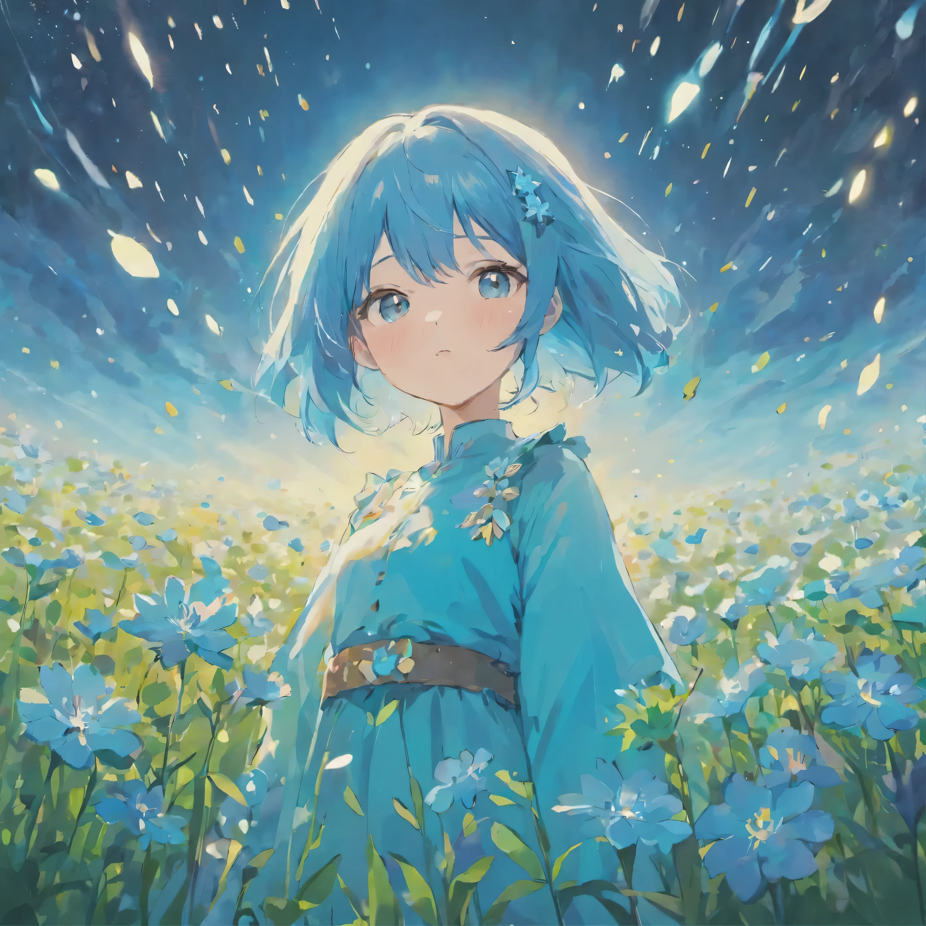 (best quality, high resolution, Super detailed, cinematic), Solitary, 1 girl, Lovely, hapiness, Girl standing in a light blue flower field, Surrounded by light blue petals, whole body, Blue-haired girl, watercolor, pastel colors, Nebula in the sky, Blue tree.