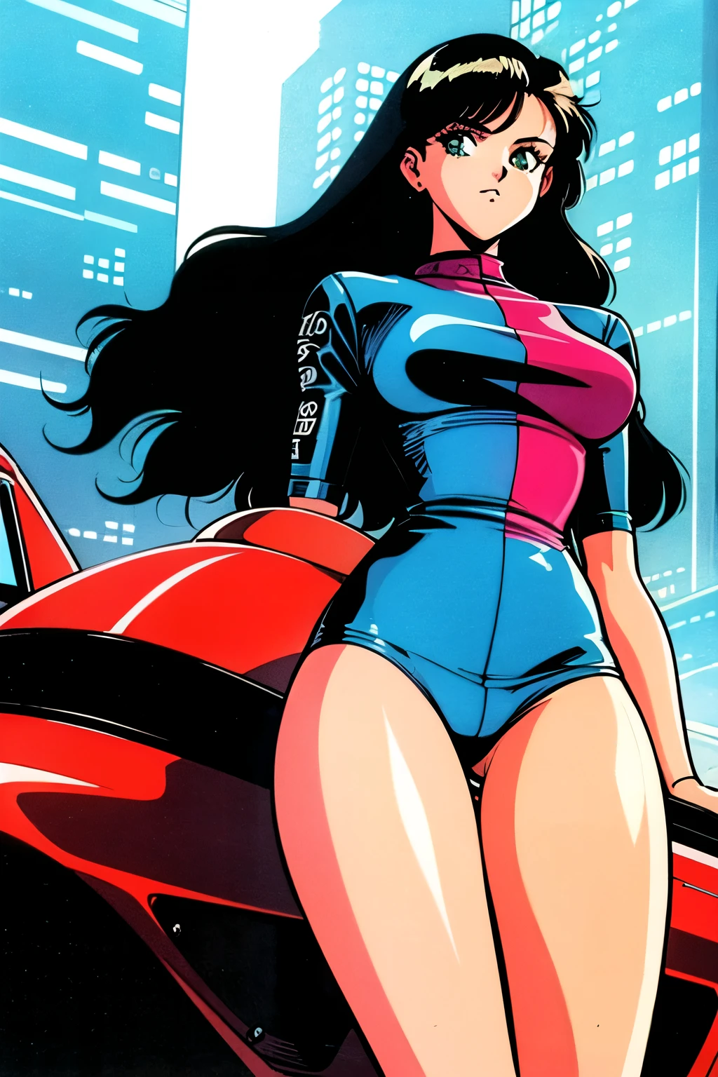 1990s (style), 1980s (style), retro artstyle, a girl, long black hair, green eyes, wavy hair, biker clothes,  cyberpunk, 2077, best quality, masterpiece.