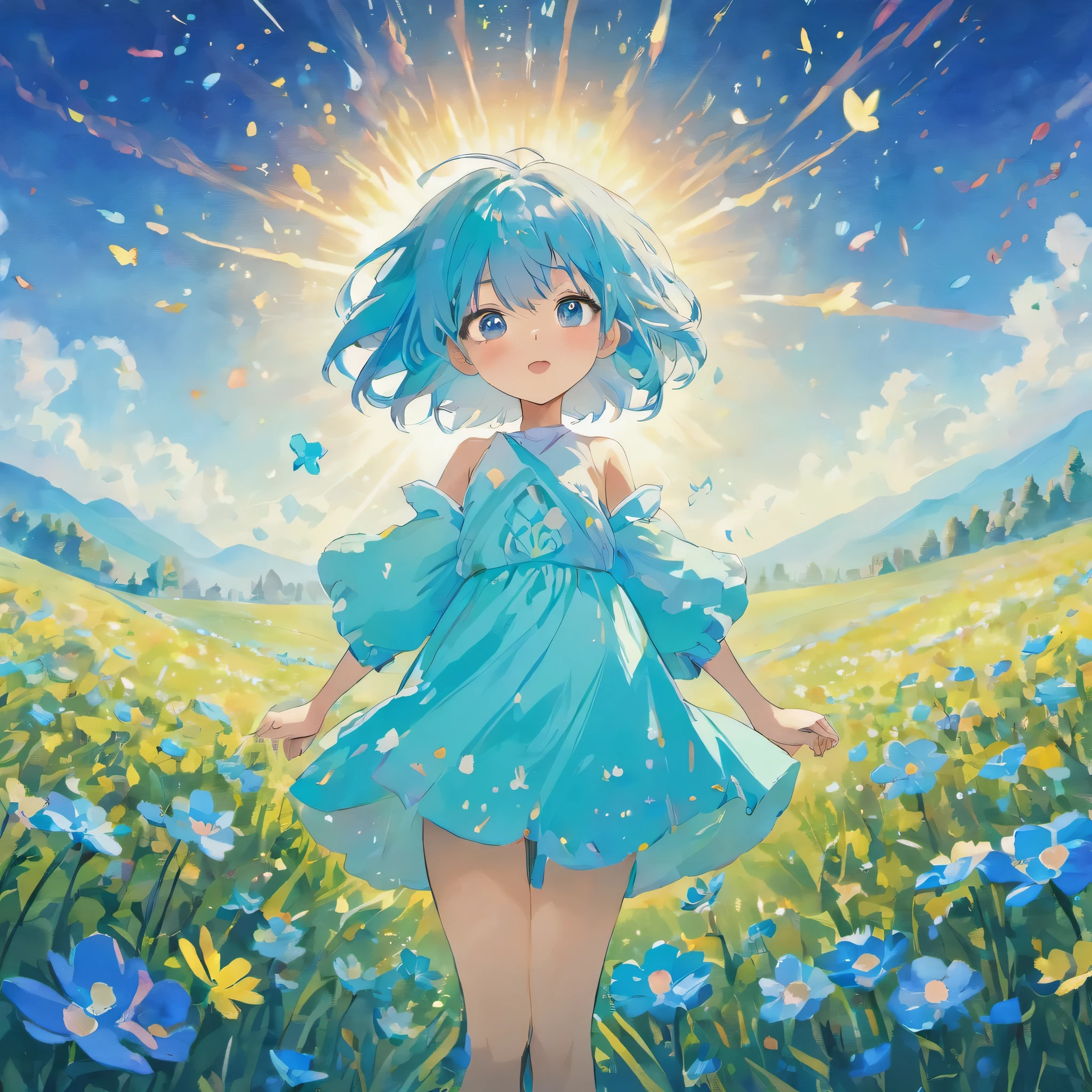 (best quality, high resolution, Super detailed, cinematic), Solitary, 1 girl, Lovely, hapiness, Girl standing in a light blue flower field, Surrounded by light blue petals, whole body, Blue-haired girl, watercolor, pastel colors, Nebula in the sky, Blue tree.