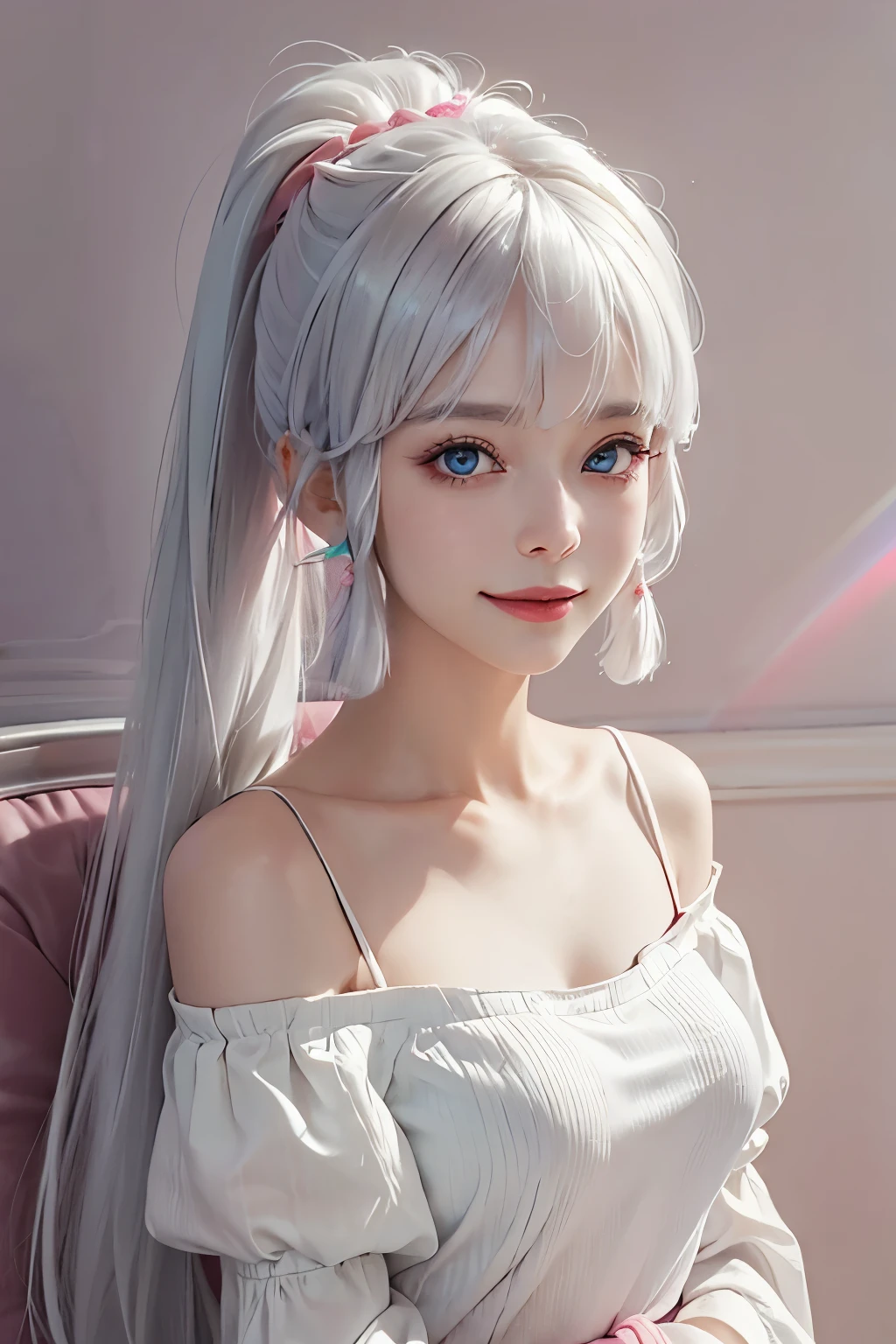 Super quality, (8k, original photo, actual), Detailed and delicate depictions and gorgeous and dynamic painting techniques, white hair，high ponytail,（There are two strands of white hair on both sides of the ears，Wear pink headbands on both sides of the ears），very beautiful woman, annoying expression, Shining blue eyes, big tits, he himself, elongated, red pink lips, Wearing a pink off-the-shoulder T-shirt,  Background colorful wall, rainbow colors, Professional flare lighting，smile very happily