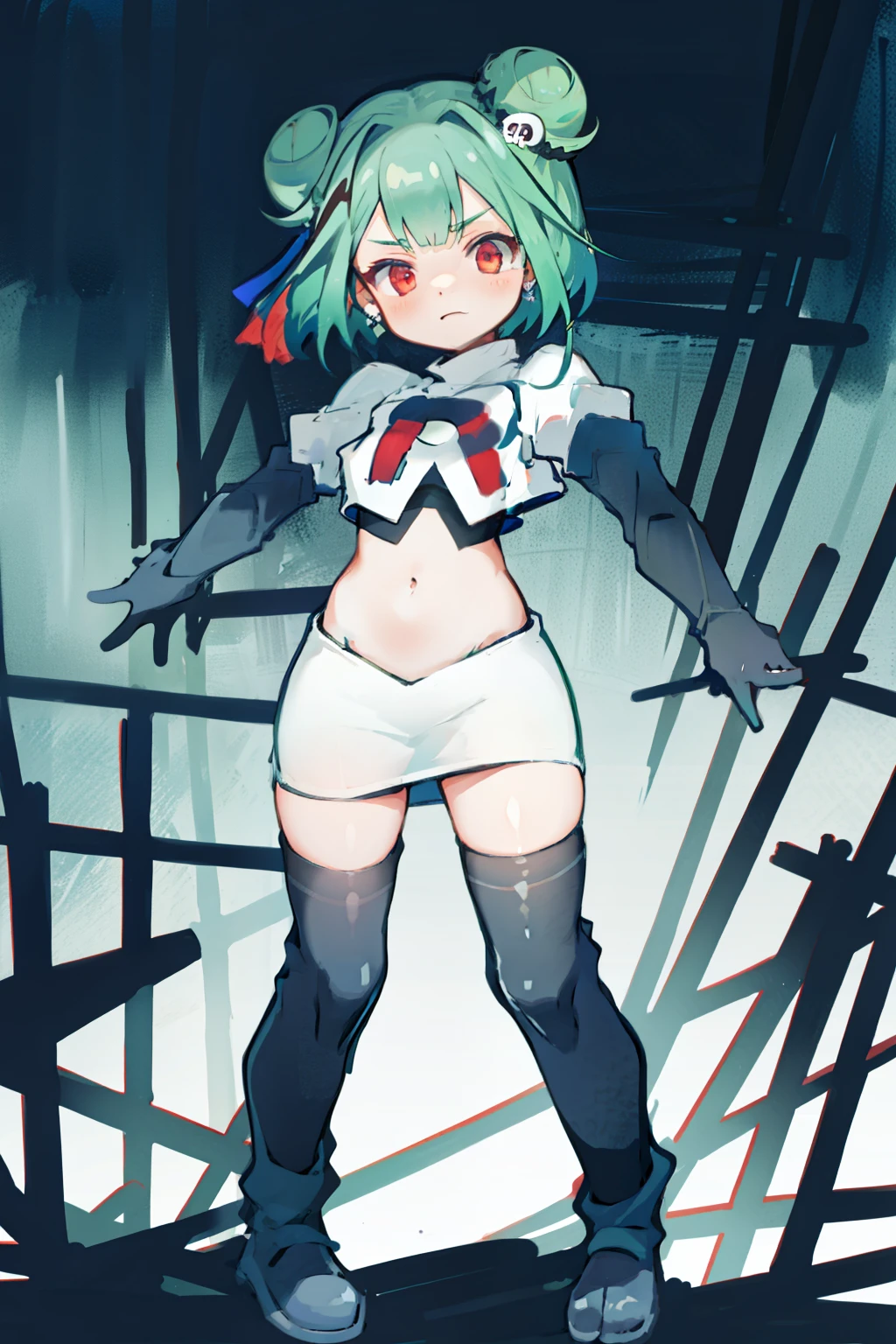 bluerushia, green hair, double bun, red eyes, short hair, blue bow, skull hair ornament, team rocket,team rocket uniform, red letter R, white skirt,white crop top,black thigh-highs, black elbow gloves,