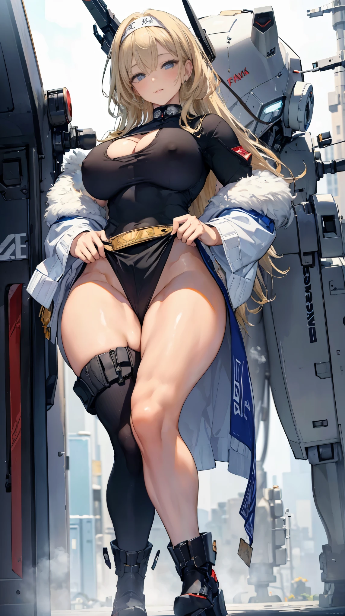 8K, 4k, highest quality, High resolution: 1.2), (masterful, realistic, Photoreal: 1.4), 1 woman, Older sister's atmosphere、beautiful face, she has a bright smile、Shining Lipin Eyes, beholder, Fair skin, white skin: 1.5), Fine complexion, big, big, blonde hair、headband bangs, , young, s asack-view、big ass、super breasts、H cup、lower hair、Rear view、exposed nipples、T-back that digs into your butt、thong lingerie、wear a white thong、white langerie、emphasize the buttocks、white collar calvin klein thong、cute long hairstyle、Leg covers、wear high heel boots、A woman standing in front of a giant robot、There's a giant robot standing in the background、giant mech pilot、she's in the hangar