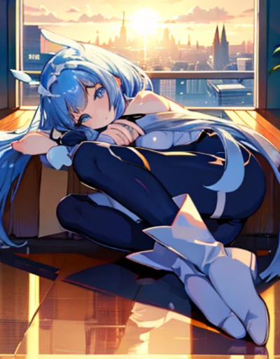 table top, highest quality,sleeping face up in bed，Crab crotch，please show me your boots，thigh high boots，glove，Strange thieves，elegant, 1 girl, muscular，cute, blushed, looking at the viewer, from below,body suit, prison，blue eyes, beautiful eyes, beautiful background, particles of light, Light of the sun, dramatic lighting, outside, shiny, realistic, table top, highest quality, super detailed, be familiar with, scenery, beautiful and fine eyes, fine hair