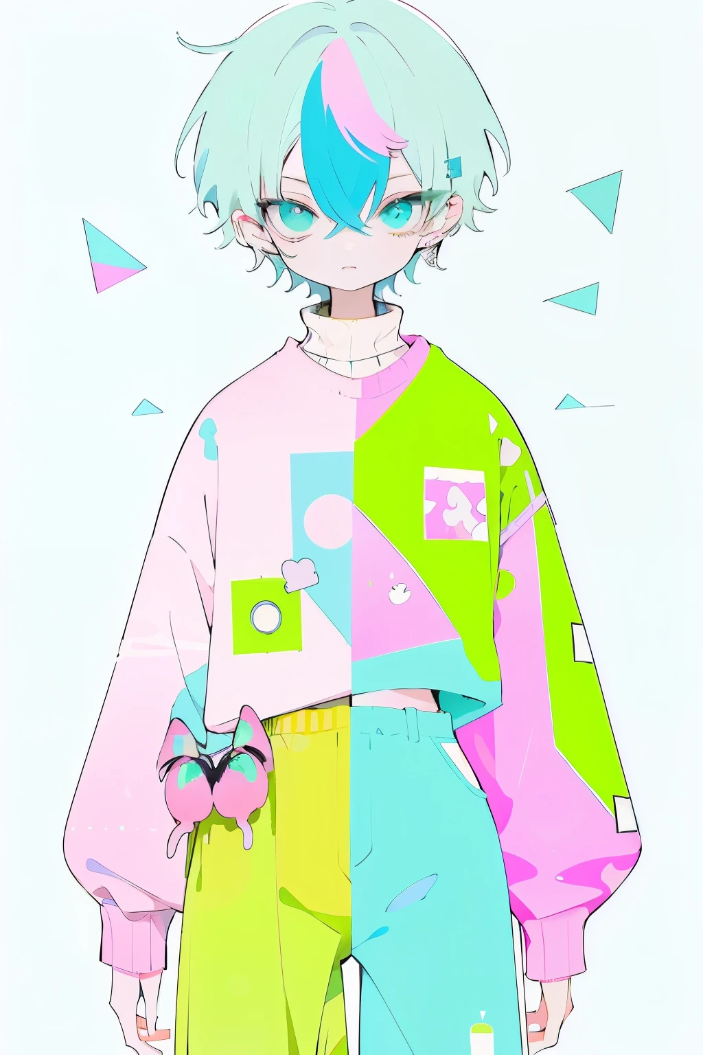 non gender anime person in slim body with an outfit of yellow sweater with pink polkadot and blue and green pants, psycho, cool pose, left crab arms, zooble, sit pose, pink short messy hair, abstract triangular shapes
