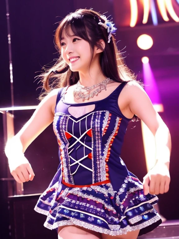 master piece、Ultra high resolution photo quality、cinematic camera work、Video of the entire stage、long shot、modern japanese strip theater、wide stage、wide seat、Mayu Minami、Mature、Big cute droopy eyes、familiarity、very beautiful Japanese female dancer、athlete、very sexy、Very long and beautiful strong arms and legs and beautiful abs、Fair skin、Her fine skin is very beautiful、Sweat、beautiful bright smile、healthy、kind、Noble、refinement、kind、mild、raise one leg、active pose、yoga、gorgeous beautiful dress、Beautiful stage costumes、Dramatic and gorgeous beautiful lighting、Spotlight、Laser beam、smoke effect、clear acoustics、round table stage、body chain、