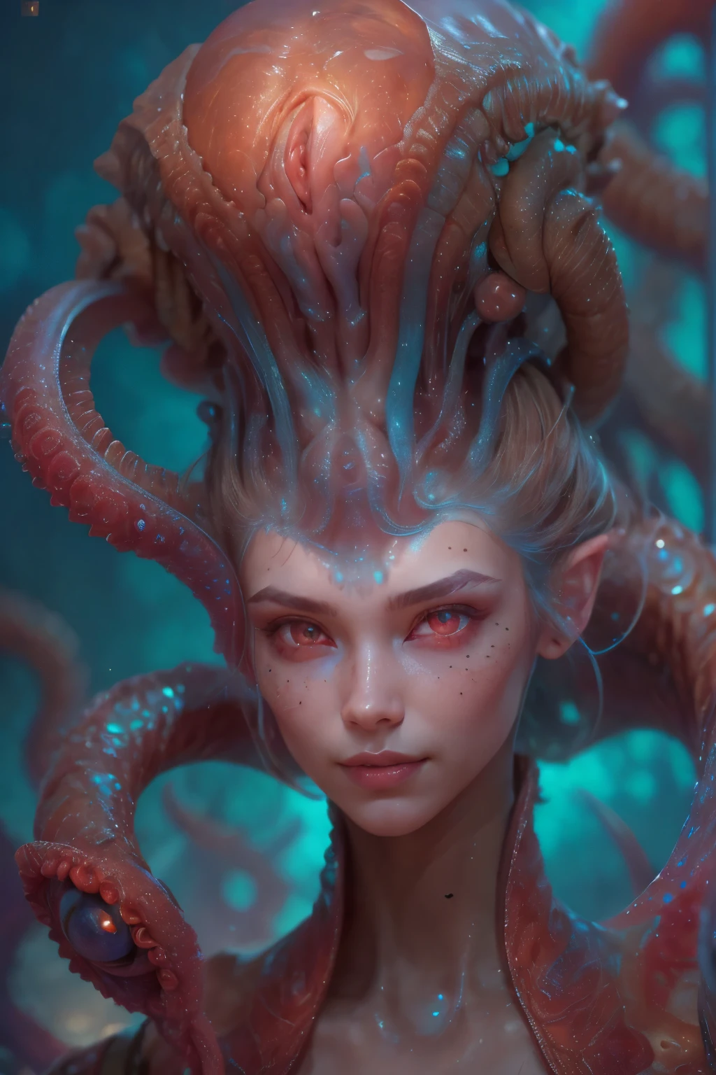 Portrait, (beautiful female alien:1.2),  (she has red eyes with no pupils:1.8), (Translucent skin:1.7),  (There is a female genital-like organ in the middle of the forehead:1.9), (The most beautiful face in the history of the universe:1.2),an evil gaze that seduces, (large mouth:1.1), (sharp teeth like a vampire:1.2), Full body portrait, (bio luminescent:1.5), (Smile wickedly:1.3),  (sexypose:1.5), alien, No humans, cells are fused, (Lots of translucent tentacles:1.3) extraterrestrial, cell, bio image, best quality, 8K,In 4K_quality, High freshness, Dramatic Lighting, masutepiece:1.5,cinematic quality, detail up, (exquisite details:1.2), high resolution, High freshness, drawing faithfully, (Thick eyebrows:1.2), Beautiful eyes with fine symmetry,(Highly detailed face and eyes:1.2), Intimate face, (Super detailed skin quality feeling:1.4), perfect anatomy,  (Beautiful toned body:1.5),  (Moist skin:1.2), not wearing makeup, (dark circles:1.1), long canines, cinematic drawing of characters, ultra high quality model, cinematic quality, detail up, (exquisite details:1.2), high resolution, High freshness, drawing faithfully, official art, Unity 8K Wall  , 8K Portrait, best quality, Very high resolution, ultra detailed artistic photography, midnight aura,  unreal engine 5, Ultra Sharp Focus, art by alberto seveso, ArtGerm, Roisch, intricate artwork, best quality, masterpiece, ultra high resolution, (photos realistic:1.4), ultra realistic realism, dream-like, nautilus, Creation of fantasy, Snail, Dream Snail, (biopunk nautilus:1.3),Thrilling color schemes, ultra realistic realism, seductively smiling, Blue tentacles,