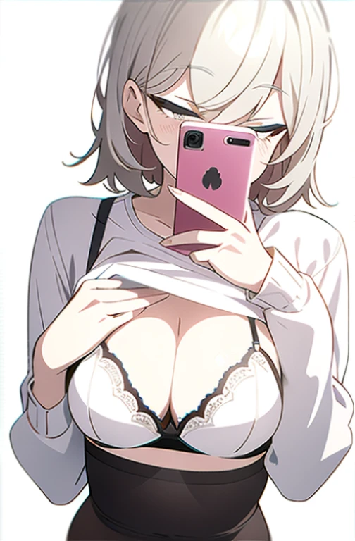 Anime girl in lingerie takes selfie with mobile phone,, wearing bra, mobile phone in front of covering face, one hand on own chest, lifted by self, shirt lift, white background, head out of frame, white background,
