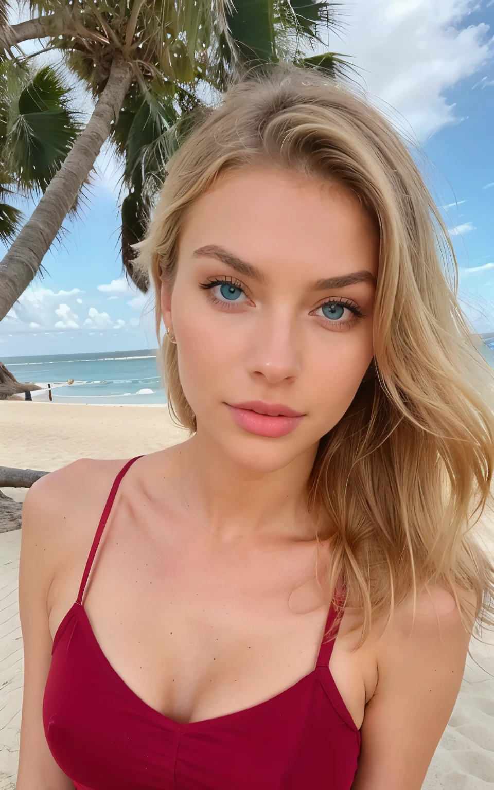 beautiful red outfit in beach, hair in ponytail, Grace Kelly lookalike, Grace Kelly face, with blue eyes, , attractive girl, instagram model, Blonde hair and perfect body, 18 years old, 21 years old, beautiful model, Catherine, attractive girl, I can't believe how gorgeous facial features are, Body Extensions, 32k uh, exaggerated facial features, voluminous mass, (Gorgeous blonde hair, white skin, Abdomen slim, perfect slim figure), same eyes size, blue eyes
