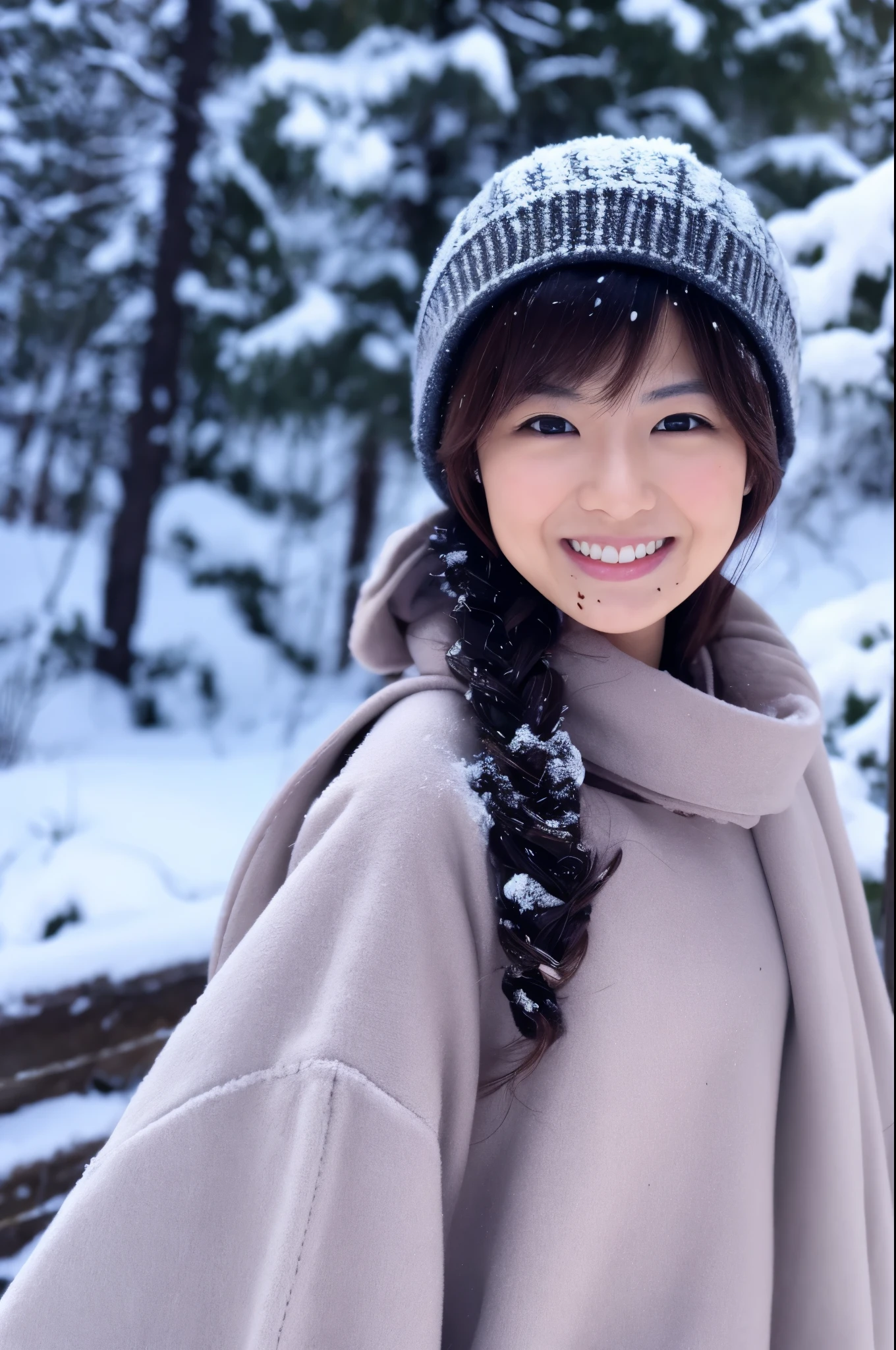 Slender Japanese woman looking at the camera、cute face、smile、Snow in the background、High resolution、High-definition images