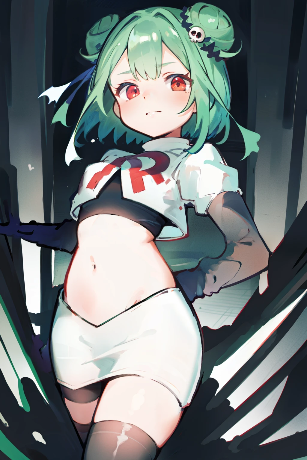 bluerushia, green hair, double bun, red eyes, short hair, blue bow, skull hair ornament, team rocket,team rocket uniform, red letter R, white skirt,white crop top,black thigh-highs, black elbow gloves,