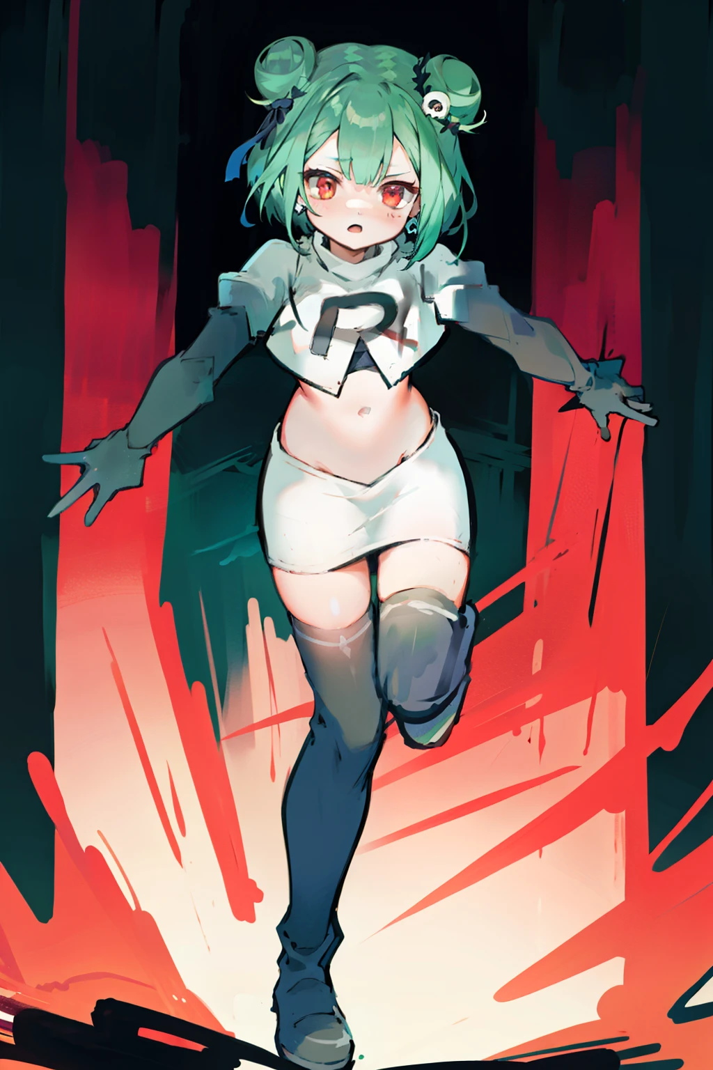 bluerushia, green hair, double bun, red eyes, short hair, blue bow, skull hair ornament, team rocket,team rocket uniform, red letter R, white skirt,white crop top,black thigh-highs, black elbow gloves,