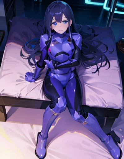 table top, highest quality,sleeping face up in bed,Crab crotch,please show me your boots,thigh high boots,glove,Strange thieves,elegant, 1 girl, muscular,cute, blushed, looking at the viewer, from below,body suit, prison,blue eyes, beautiful eyes, beautiful background, particles of light, Light of the sun, dramatic lighting, outside, shiny, realistic, table top, highest quality, super detailed, be familiar with, scenery, beautiful and fine eyes, fine hair