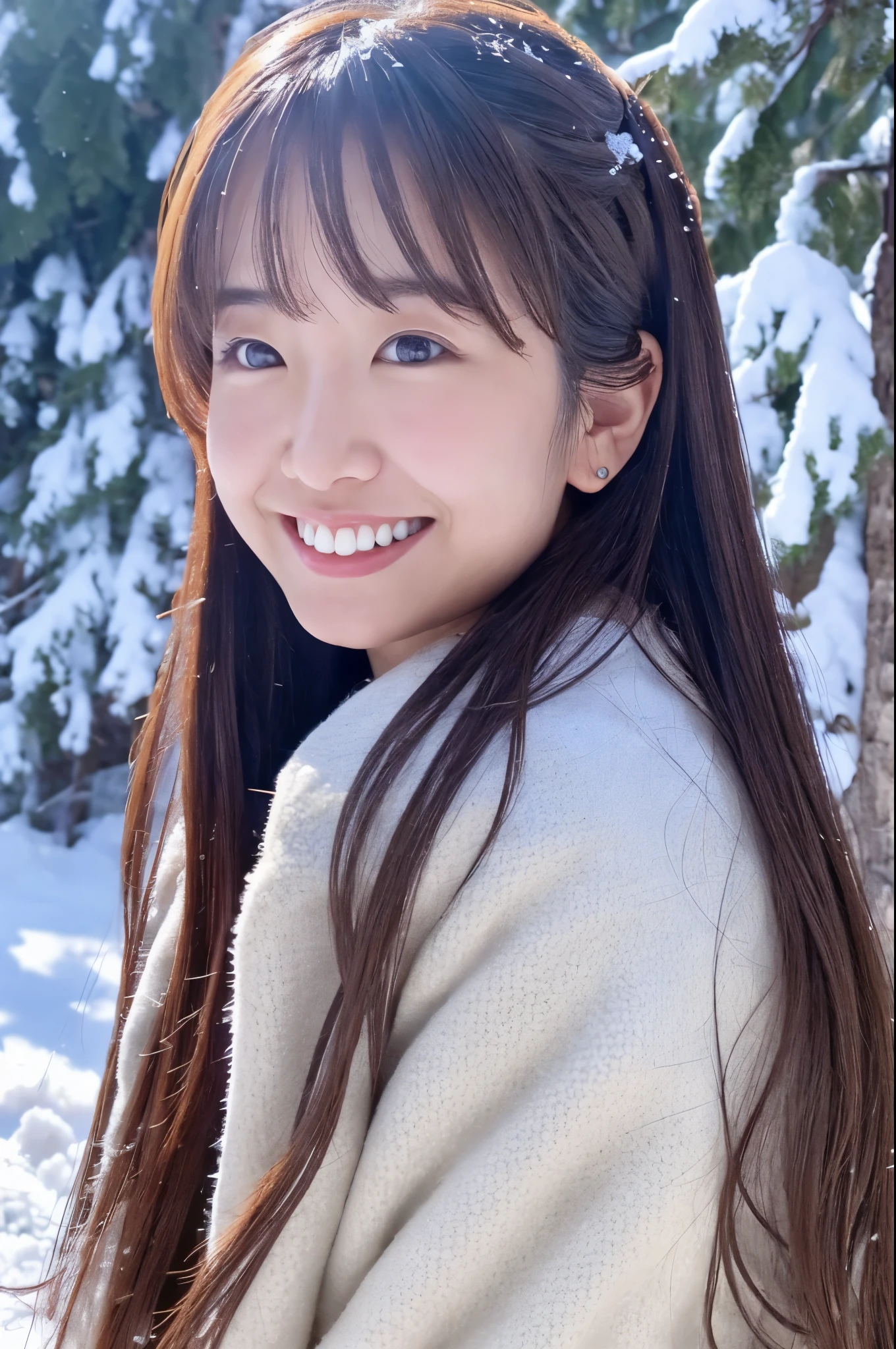 Slender Japanese woman looking at the camera、cute face、smile、Snow in the background、High resolution、High-definition images