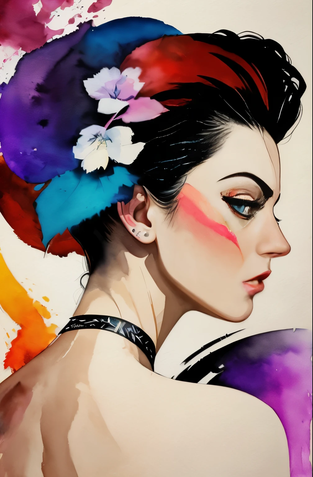 painting of a woman with a black and white face, Sylvia Pelissero watercolors, tumbler, abstract art, Intense watercolor painting, watercolor detailed art, Watercolor Splash, surreal, Avant-garde pop art, Beautiful and expressive paintings, Beautiful artwork illustration, very colorful tones, wonderful, cool beauty, highest quality,official art, women only, sharp outline, best shot, vector art, Written by Sandra Chevrier, Dave McKean、by Richard Avedon、Written by Makiezi Kusiala