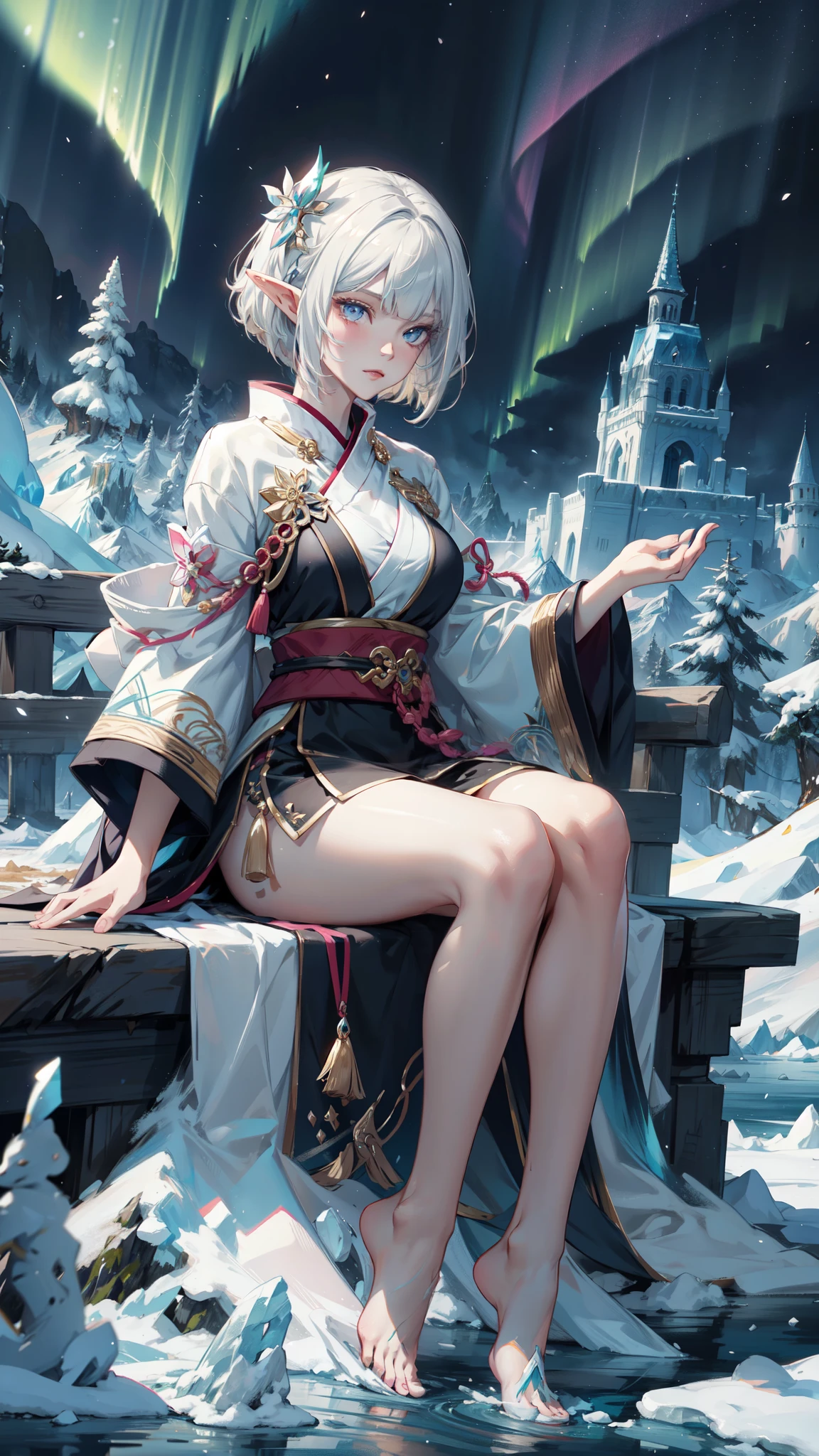 ((masterpiece )), (top quality), (best quality), ((ultra-detailed, 8k quality)), Aesthetics, Cinematic lighting, (detailed line art), Beautiful digital artwork, Exquisite digital illustration，painting, 
BREAK,
Painting of a elf girl with white hair sitting on the hill with a castle on the water，Onmyoji detailed art，barefoot, in Iceland, a beautiful artwork illustration，mythological creatures, Inspired by the mythical creature wildnet，Digital art on Pixiv，strong lights，hight contrast，outdoors, Dynamic angle, 
BREAK,
highly detailed of (elf), (1girl), perfect face, details eye, Bob cut hair, Blunt bangs, (hair between eye), blonde white hair, blue eyes, eyelashes, eyeshadow, pink eyeshadow, light smile, design art by Artgerm, by Kawacy, By Yoshitaka Amano,
BREAK, 
((perfect anatomy)), nice body, medium breast, extremely detailed finger, best hands, perfect face, beautiful face, beautiful eyes, perfect eyes, perfect fingers, correct anatomy, 
BREAK,
tree, lake, mountain, tundra, ice, mountains of snow, northern lights, blizzard, cold, frost, Broken Glass effect, no background, stunning, something that even doesn't exist, mythical being, energy, molecular, textures, iridescent and luminescent scales, breathtaking beauty, pure perfection, divine