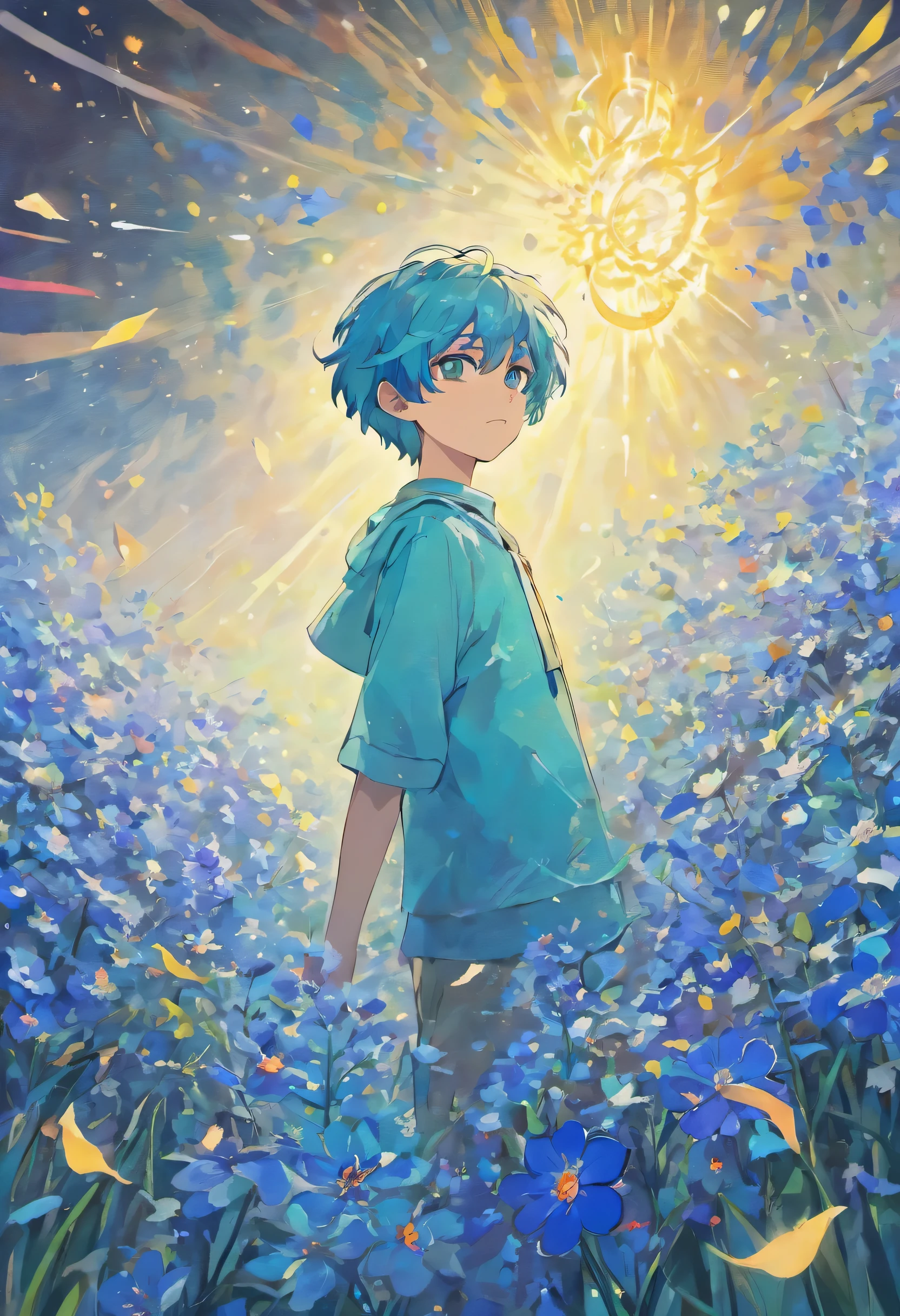(best quality, high resolution, super detailed, cinematic), Solitary, 1 boy, charming, happiness, Boy standing in light blue flower field, Surrounded by light blue petals, whole body, Blue-haired boy, watercolor, pastel colors, Nebula in the sky, blue tree.