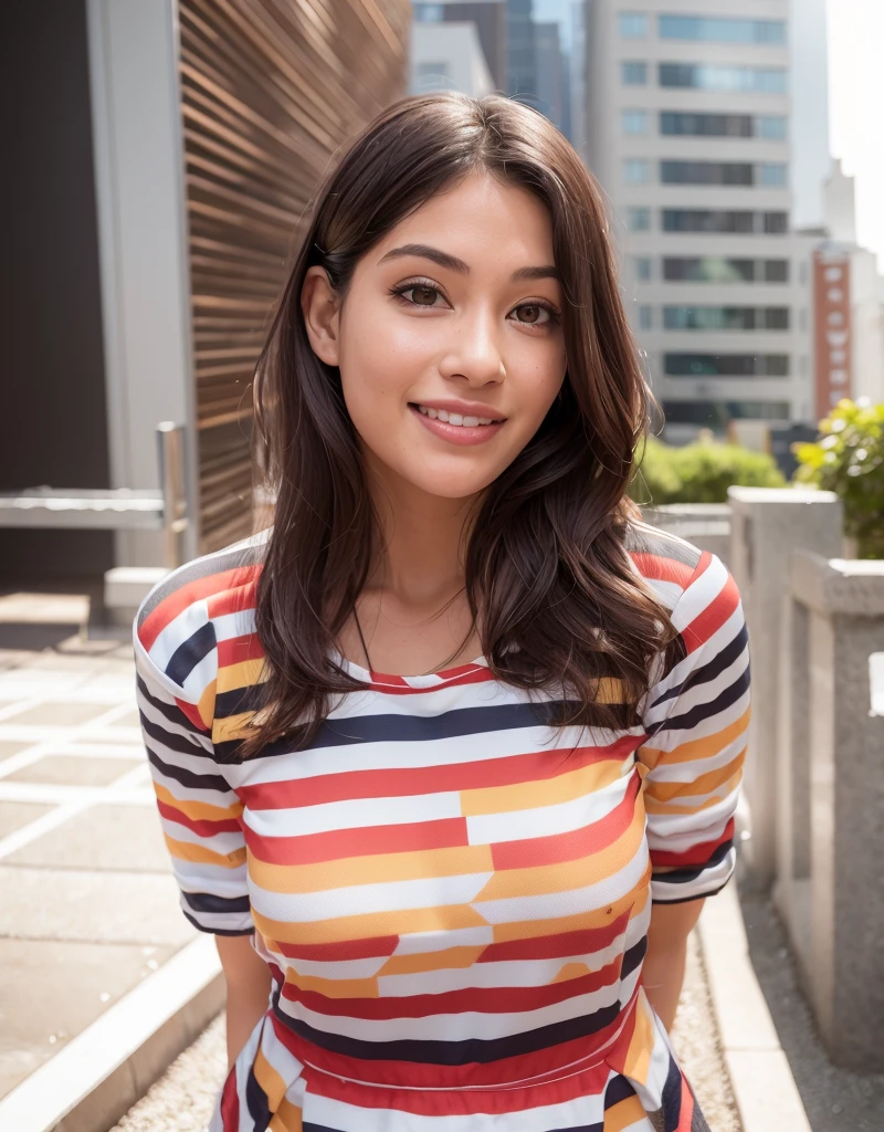 a close up of a woman in a striped shirt posing for a picture, with accurate face, taken with sony alpha 9, with a beautifull smile, beuatiful face, very accurate photo, with a solid colour background 