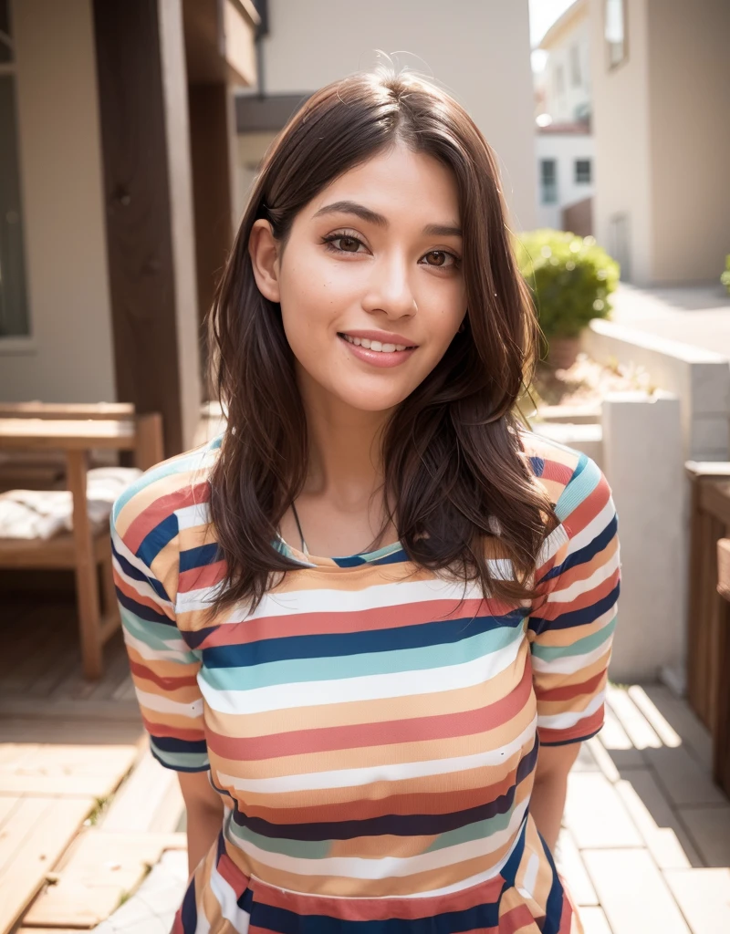 a close up of a woman in a striped shirt posing for a picture, with accurate face, taken with sony alpha 9, with a beautifull smile, beuatiful face, very accurate photo, with a solid colour background 