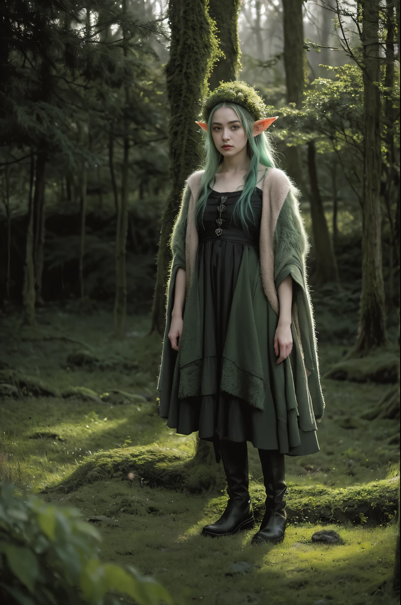 Elf Portraits, life of a Rural elf, Lovely but thought provoking Environmental Art in the style of Andrea Kowch and Stanley Donwood, dark orange, child-like innocence, captivating gaze, prairiecore , A real life render of ((Elven character)) with real face, in the style of Oddworld and Markos Kay, with green hair, mossy clothes big boots, japanese popsurrealism, awe-inspiring. award-winning, alien forest, mossy felting art, featured on cgsociety, looks like Helena Bonham Carter, trending on artforum, expressive dynamic pose, spell magic, In the style of Gris Grimly, in the style of Naoto Hattori, character design : : gothic, anthropomorphic!! Centered in the style of Andrea Kowch, master hyperrealism meeting a surreal dreamscape in her paintings, integrating softly haunting figures with allegorical, intricate detail, attention to details, art in the style of james c. christensen, Mark ryden and Nicoletta Ceccoli spectacular quality, surrealism photography, masterpiece, perfect composition model pose ,Patrick Lichfield, rule of thirds