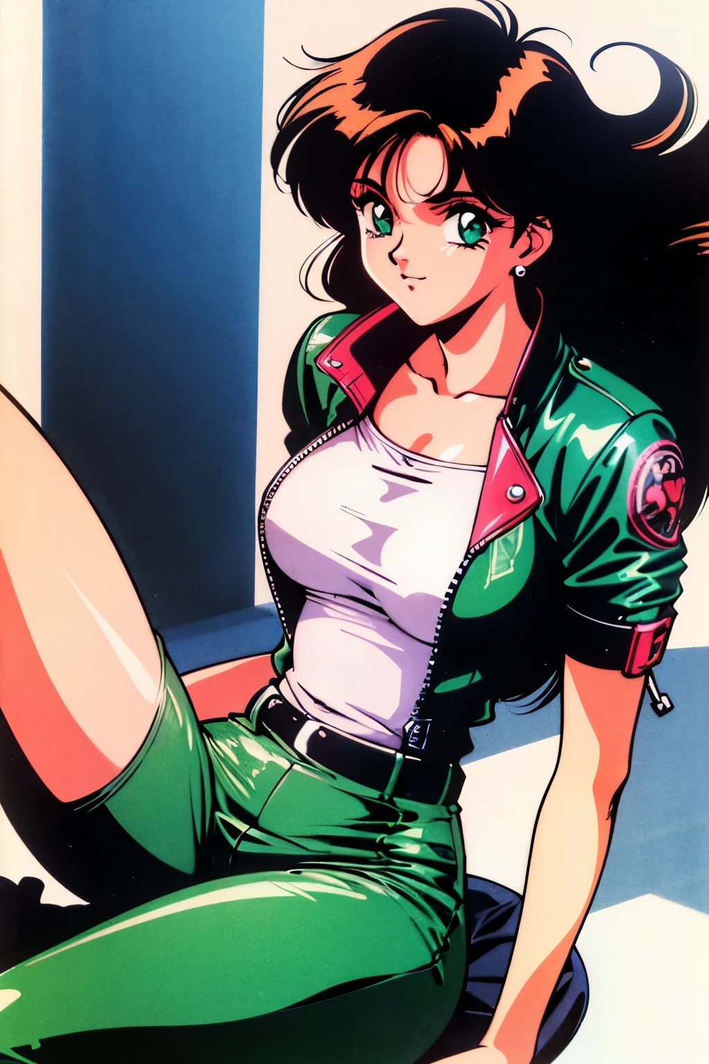 1990s (style), 1980s (style), retro artstyle, a girl, long black hair, green eyes, wavy hair, biker clothes,  cyberpunk, 2077, best quality, masterpiece.