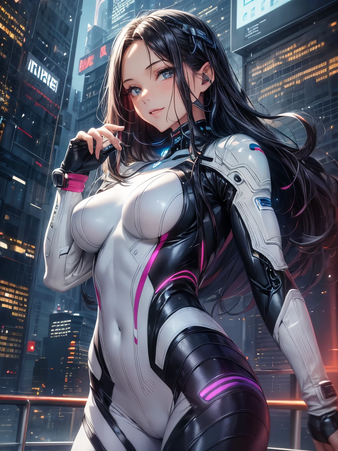 highest quality、complete limbs、full finger、1 beautiful woman、Beauty busty woman:1.3、black haired woman、big smile、((Hairstyle with middle parting:1.3))、straight hair woman、((White Cyber Suit:1.5))、skyscrapers at night、