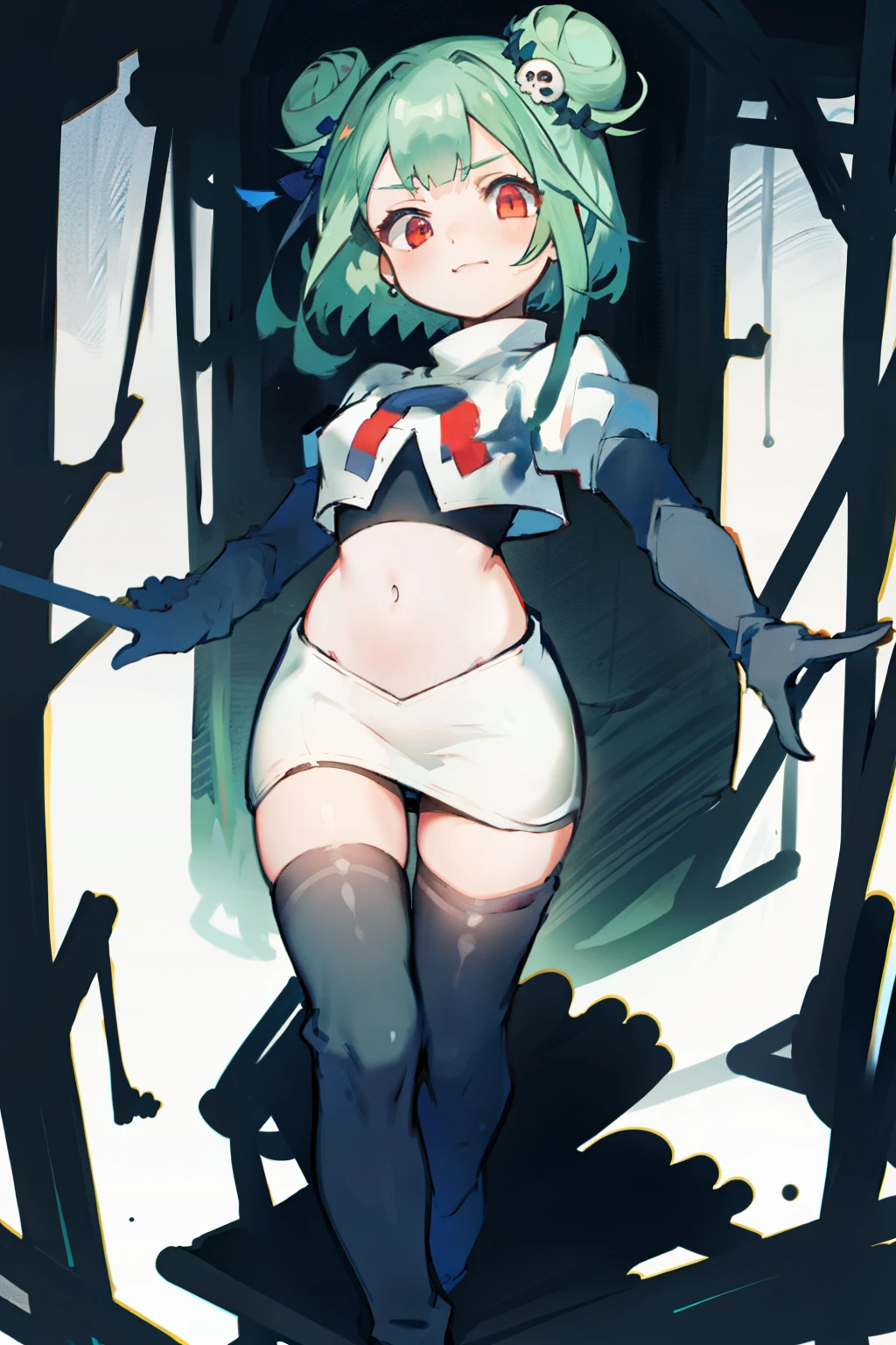 bluerushia, green hair, double bun, red eyes, short hair, blue bow, skull hair ornament, team rocket,team rocket uniform, red letter R, white skirt,white crop top,black thigh-highs, black elbow gloves,