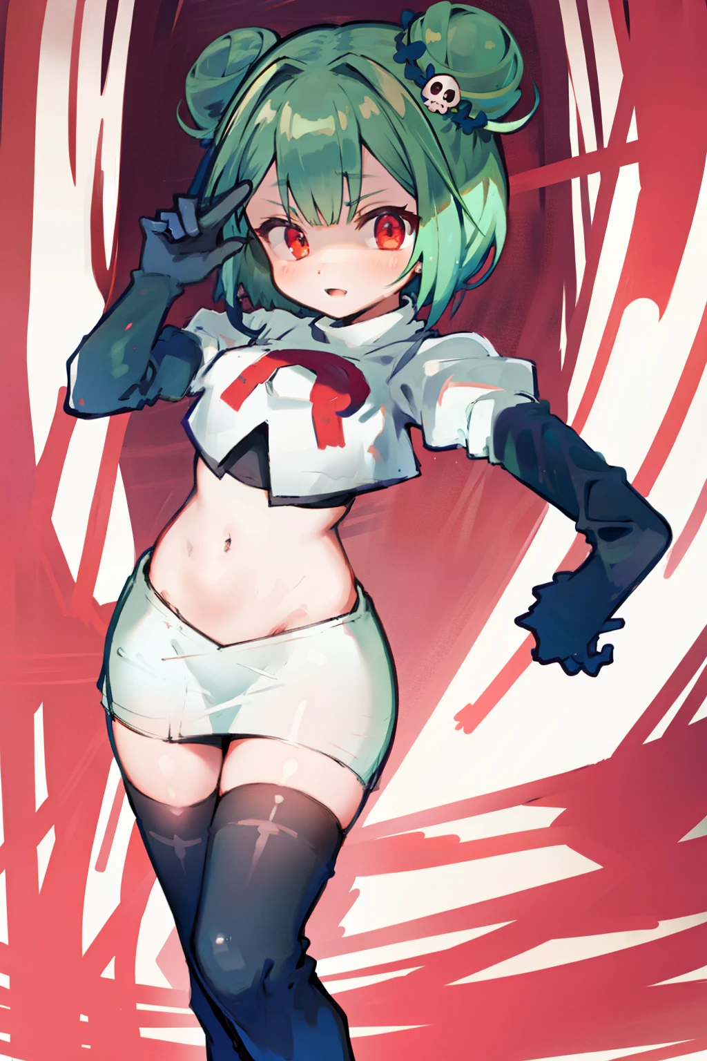 bluerushia, green hair, double bun, red eyes, short hair, blue bow, skull hair ornament, team rocket,team rocket uniform, red letter R, white skirt,white crop top,black thigh-highs, black elbow gloves,