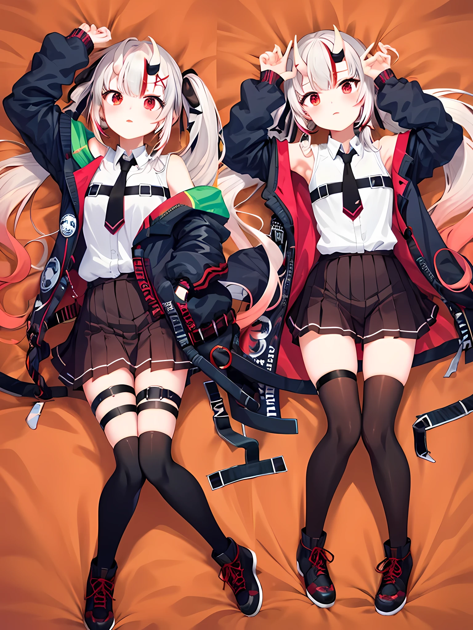 ((masterpiece)), (best quality), alone, Kiri Ayame, long hair, Double tail, Ayami Leisure, White shirt, sleeveless tops, black tie, black skirt, pleated skirt, Headband, x hair ornamen, black stockings, thigh strap, black jacket, open jacket, Off the shoulders, black collar, (National Science Foundation:0.3), whole body