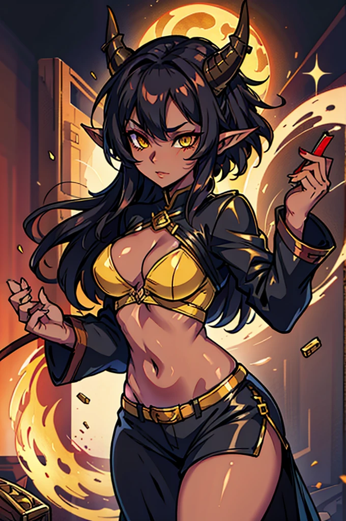 A Female Tiefling musician with Black hair yellow eyes and brownish red skin (WITH HORNS)