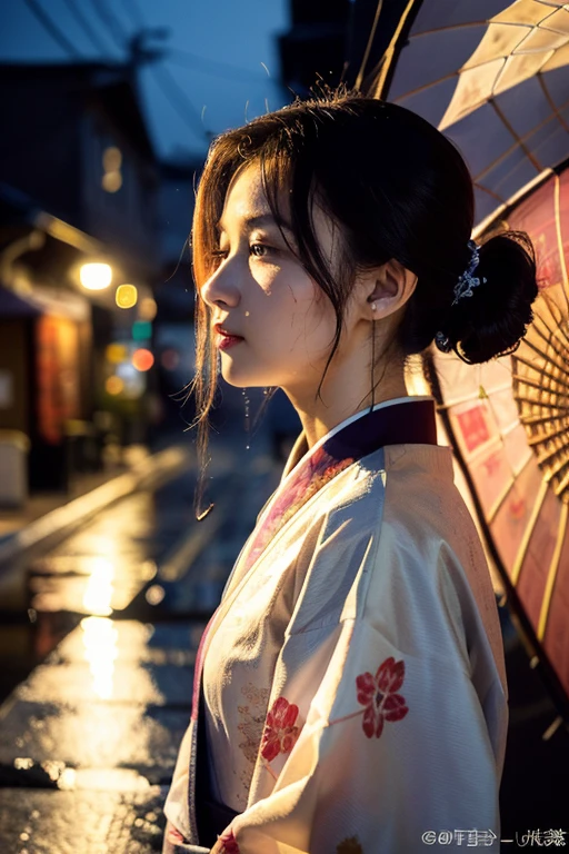 ((highest quality)), ((masterpiece)), (be familiar with), perfect face, (masterpiece, High resolution, realistic:1.3), Stunning young woman, (flowing hair:1.2), ,random hairstyle,random hair color, Eyes separated into purple and yellow, (Samurai armor:1.2), knife, (Gorgeous pattern:1.1), Bright red and black costume, Traditional Hakama, (rain-soaked street:1.2), Kyoto cityscape illuminated by neon lights, Glowing reflections, (Shining raindrops:1.1), Dramatic cityscape, Wet pavement, puddle, Blurry Car Lights, (Umbrella with cherry blossom pattern:1.2), dynamic angle, determined look, intense atmosphere, Midstride, Side view, Contrast between warm and cool colors, cinematic composition.Kimono with a slightly open chest,Winding sarashi,