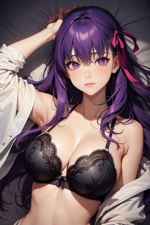 1girl,best quality, masterpiece, high resolution, solo, HD resolution, best quality, good quality, {matou_sakura_fatestaynightufotable:1.15}, purple_hair, long_hair, ribbon, hair_ribbon, purple_eyes, 1 girl, lace-trimmed bra purple, lace.trimmed bra, pretty thighs, big breasts, long_hair, empty_eyes, bed, room, bedroom,