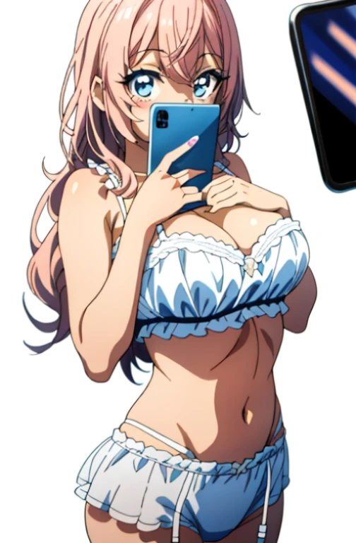 Anime girl in lingerie takes selfie with mobile phone,, wearing bra, pantie, mobile phone in front of covering face, one hand on own chest, lifted by self, shirt lift, white background, head out of frame, white background,