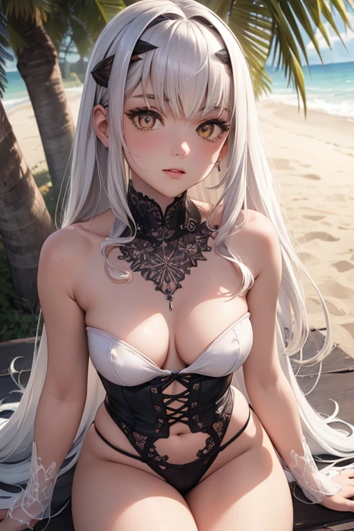 melusina, melusina, (brown eyes: 1.5), long hair, white hair, side locks, (small breasts: 1.2), BREAK white bustier, bustier, wedding,thighs, thighs, white thighs, REST looking at the viewer, REST outdoors,beach, sea, sand, blushing face, BREAK (masterpiece:1.2), best quality, high resolution, unity 8k wallpaper, (artwork:0.8), (beautiful detailed eyes:1.6), extremely detailed face, perfect lighting, extremely detailed CG, (perfect hands, perfect anatomy),