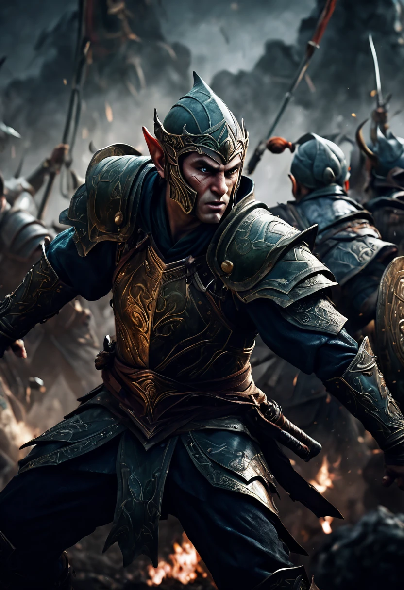 (first person,perspective,detailed,Elf Portraits:1.2,flying over,battlefield,capsuled elfs,ancient warriors,ancient armor,martial arts,misty atmosphere,dramatic lighting,high contrast,warrior in action,,action-packed,war cries,weapons clashing,fierce battles) thre side view, 1 side potrait,2 side close, 3 side in the batlle