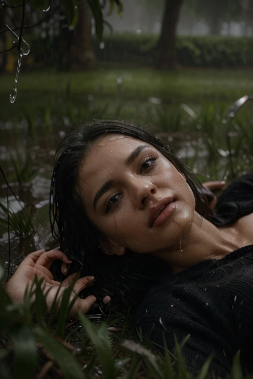 a young woman under (rain:1. 5) lying on his back in the (wet high grass:1. 5), (wet face:1. 5), rainy drops, infinite solitude, dusty atmosphere, loneliness, ray tracing, elegant, intricate, very inspirational, stunning, highly detailed, complex, sharp focus, great composition, cinematic, modern fine classic, volumetric lighting, nipple pierce