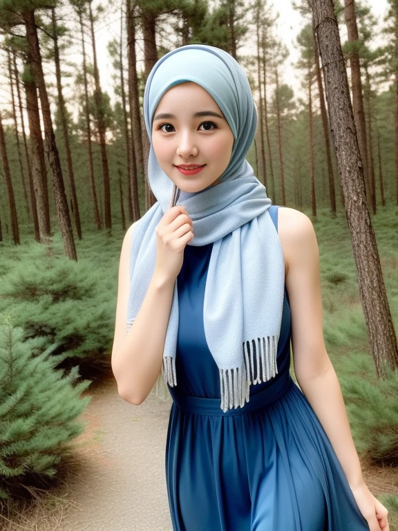 araffe woman in a blue dress and a white scarf, hijab, very beautiful girl, lovely woman, cute girl, cute woman, attractive girl, with cute - fine - face, cute beautiful, she has a cute expressive face, young and cute girl, perfect expression, side boob, medium breast, slight cute smile, she has a cute face, park, head acc, pine trees, pine forest, walking