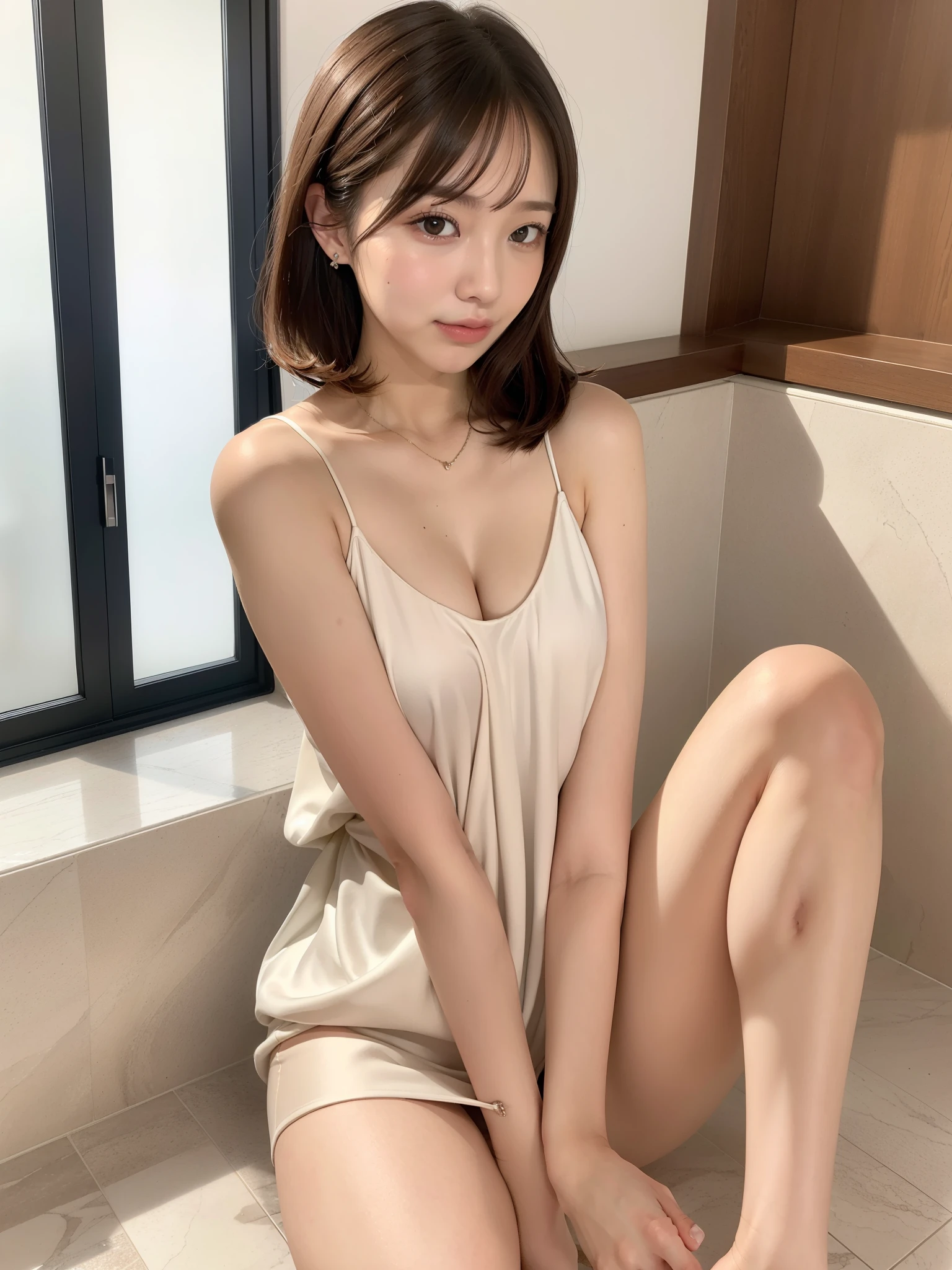 nude, Neat silk dress, panties, ((of the highest quality, 8K, masutepiece: 1.3, Raw photo)), Sharp Focus: 1.2, (1 AESPA Girl :1.1), (Solo: 1.15), (Realistic, Photorealistic: 1.37), (Face Focus: 1.1), Cute face, hyperdetailed face, Short messy hair, updo, Small breasts, flat chest, sitting on the floor, spread legs, Thigh, bathroom, knee up,