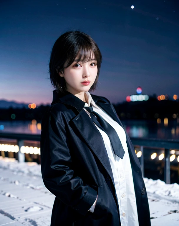 winter、background illumination、long coat、woman、一人のwoman、night sky、starry sky、short hair
