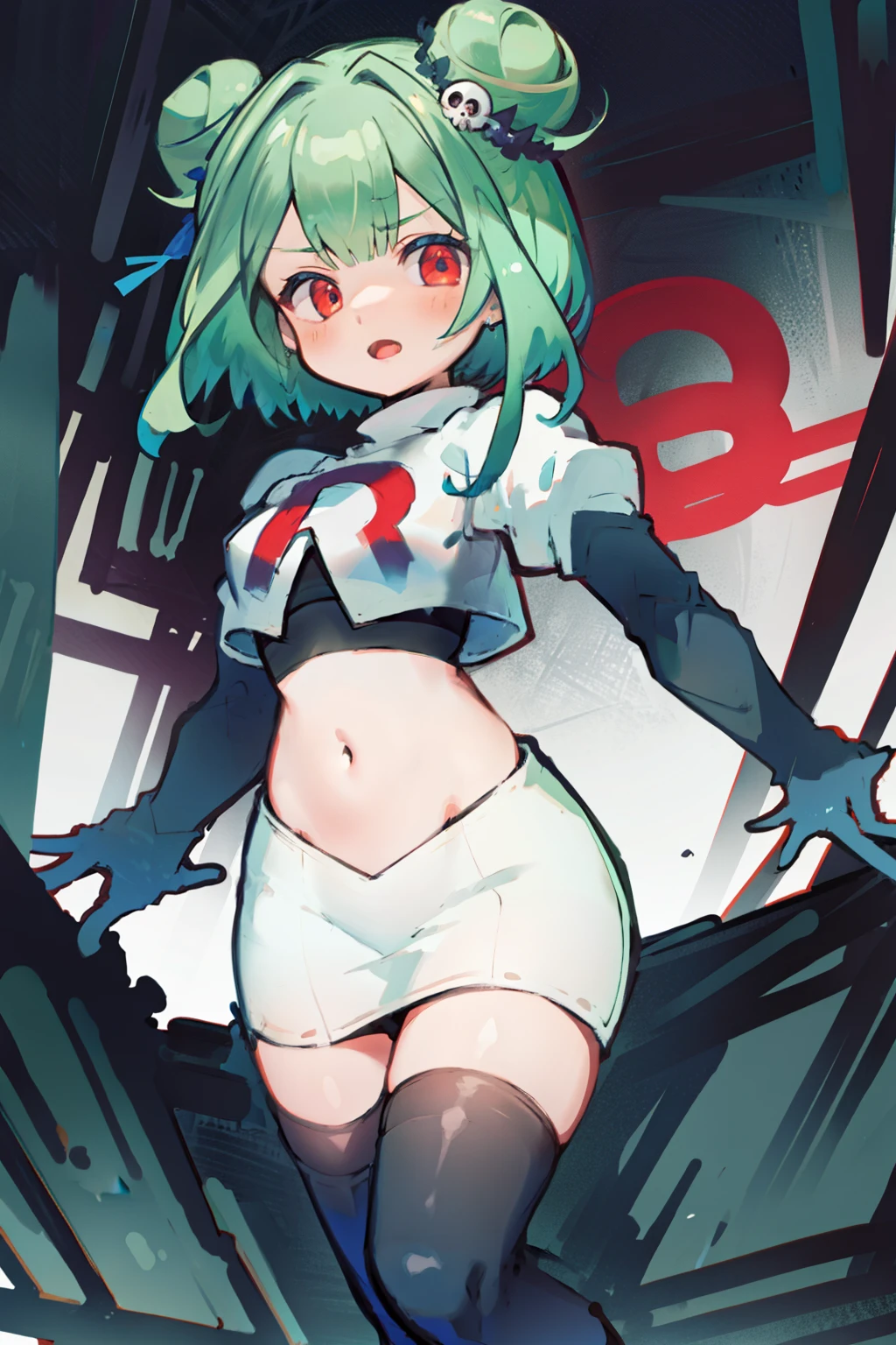 bluerushia, green hair, double bun, red eyes, short hair, blue bow, skull hair ornament, team rocket,team rocket uniform, red letter R, white skirt,white crop top,black thigh-highs, black elbow gloves,