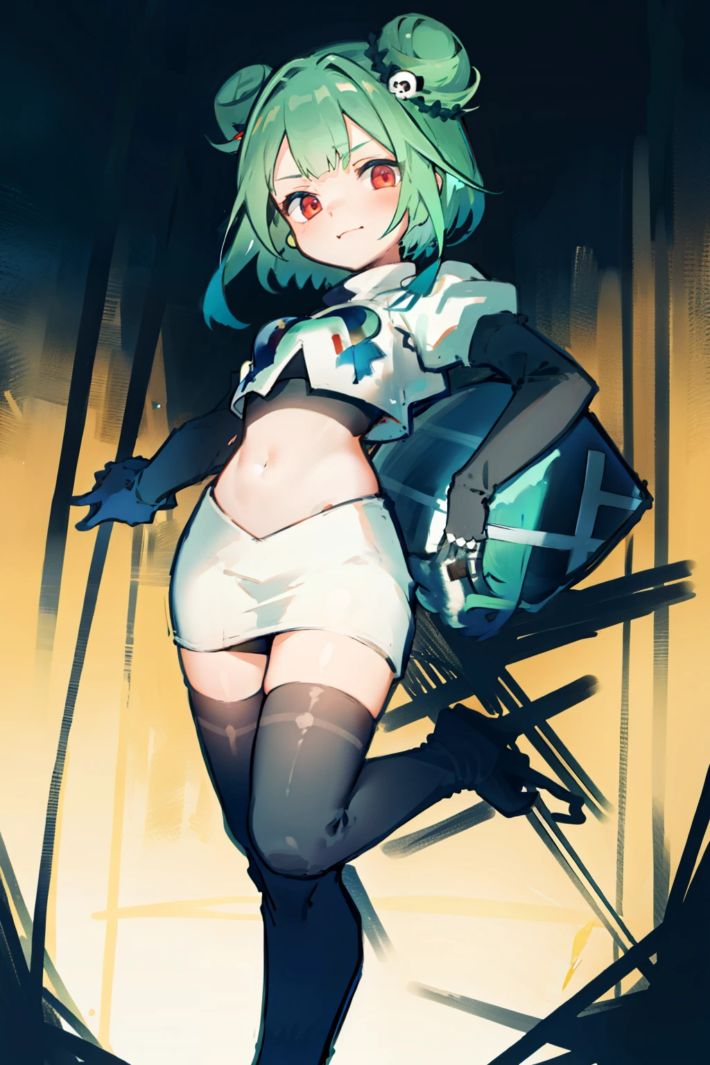 bluerushia, green hair, double bun, red eyes, short hair, blue bow, skull hair ornament, team rocket,team rocket uniform, red letter R, white skirt,white crop top,black thigh-highs, black elbow gloves,