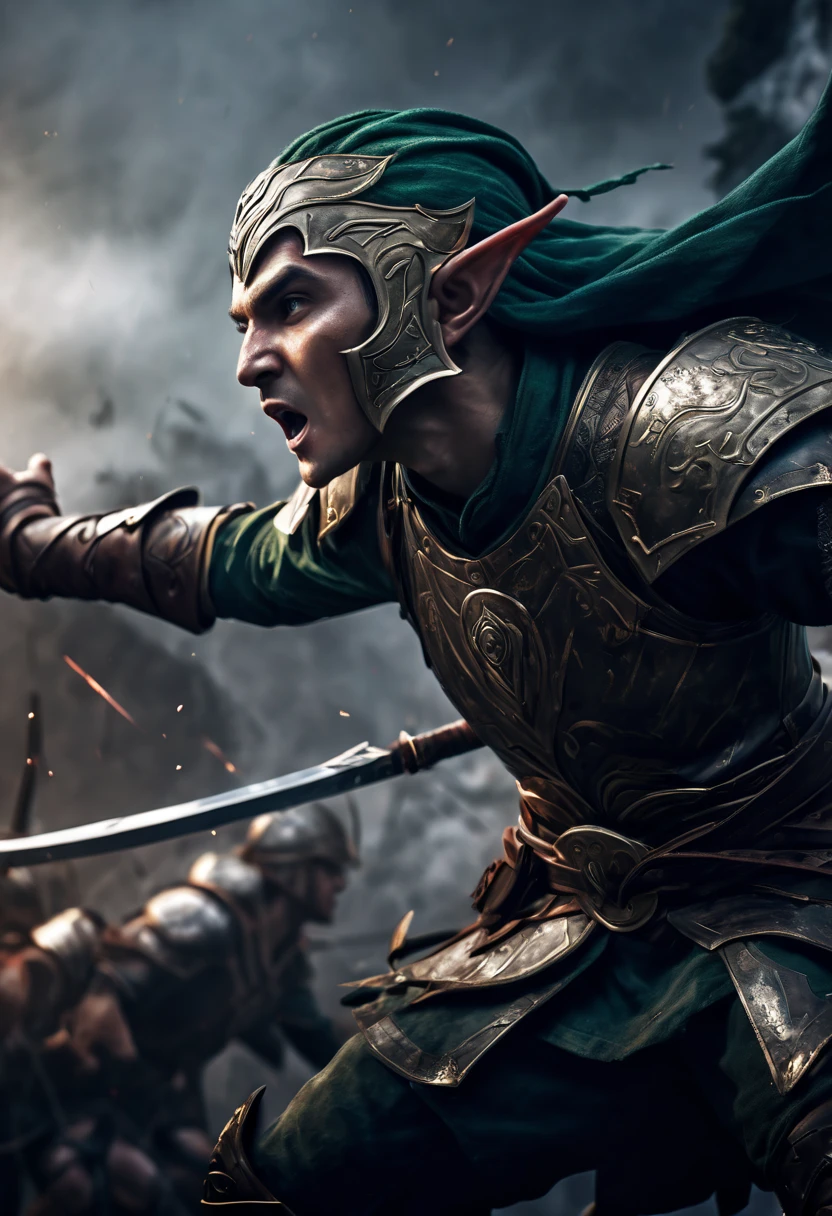 (first person,perspective,detailed, Elf Portrait:1.2,flying over,battlefield,capsuled elfs,ancient warriors,ancient armor,martial arts,misty atmosphere,dramatic lighting,high contrast,warrior in action,,action-packed,war cries,weapons clashing,fierce battles) thre side view, 1 side potrait,2 side close, 3 side in the batlle