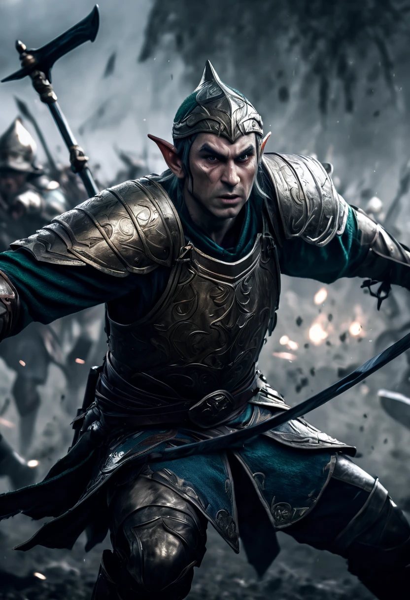 (first person,perspective,detailed, Elf Portrait:1.2,flying over,battlefield,capsuled elfs,ancient warriors,ancient armor,martial arts,misty atmosphere,dramatic lighting,high contrast,warrior in action,,action-packed,war cries,weapons clashing,fierce battles) thre side view, 1 side potrait,2 side close, 3 side in the batlle