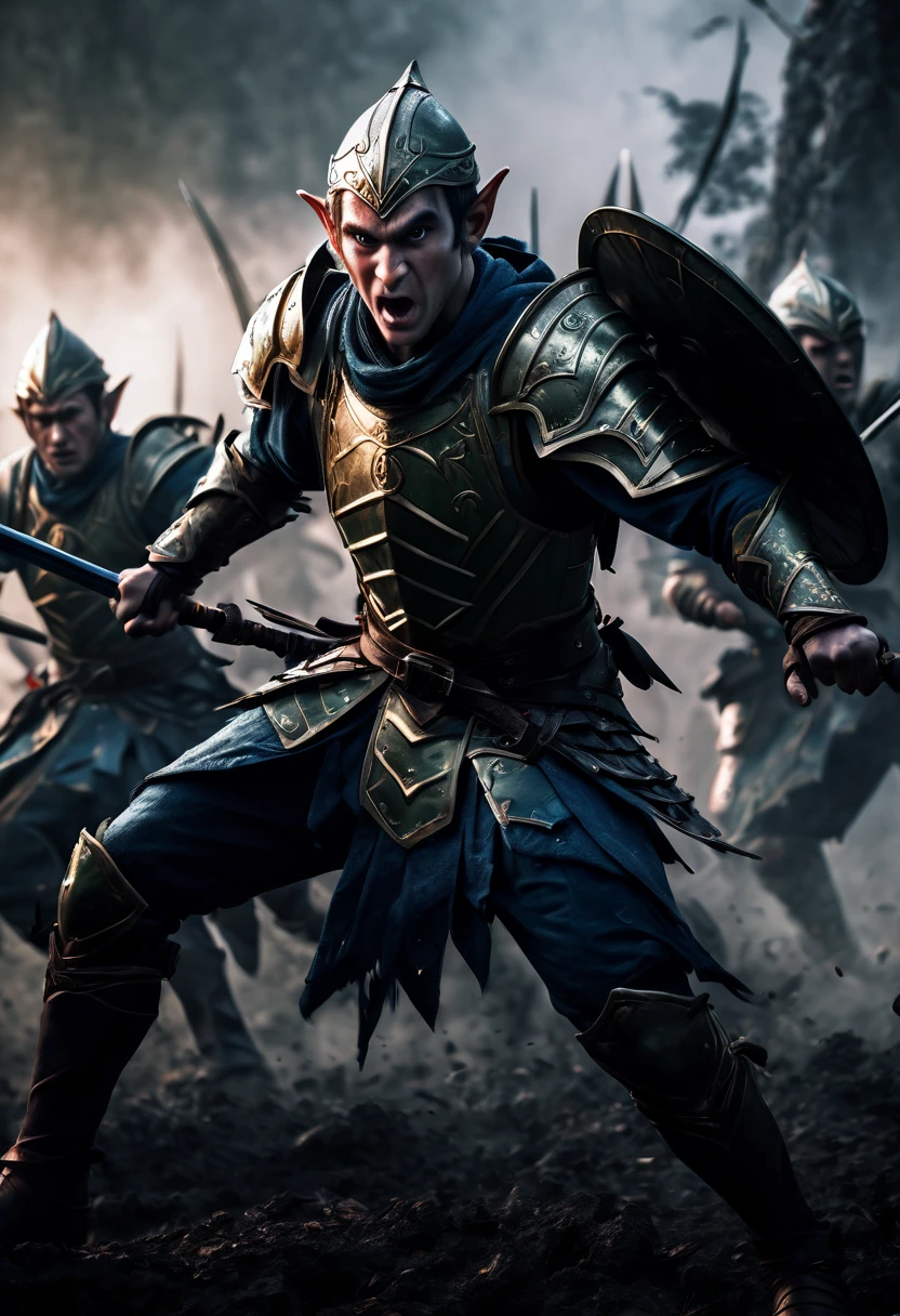 (first person,perspective,detailed, Elf Portrait:1.2,flying over,battlefield,capsuled elfs,ancient warriors,ancient armor,martial arts,misty atmosphere,dramatic lighting,high contrast,warrior in action,,action-packed,war cries,weapons clashing,fierce battles) thre side view, 1 side potrait,2 side close, 3 side in the batlle