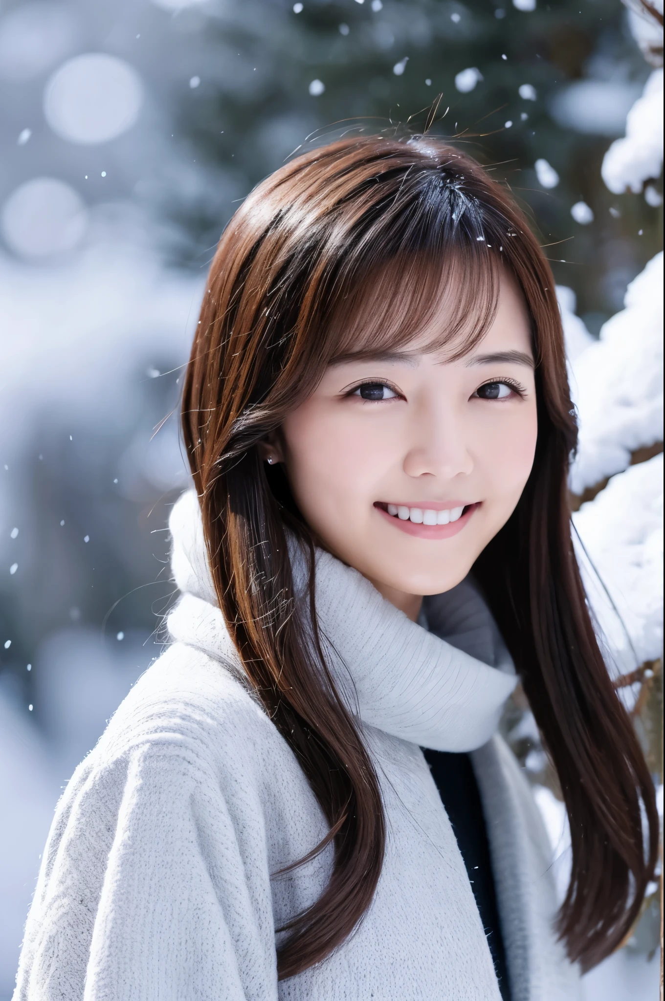 Slender Japanese woman looking at the camera、cute face、smile、Snow in the background、High resolution、High-definition images