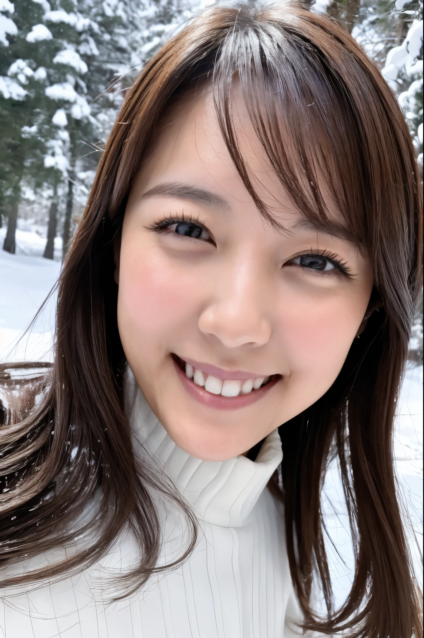 Slender Japanese woman looking at the camera、cute face、smile、Snow in the background、High resolution、High-definition images