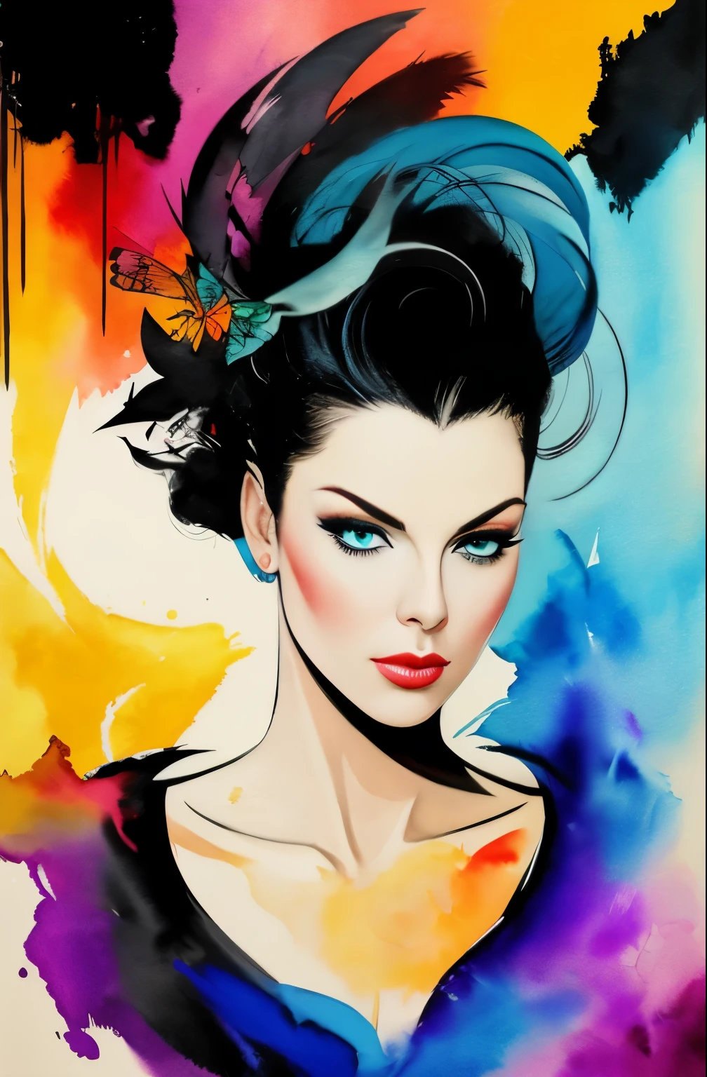 painting of a woman with a black and white face, Sylvia Pelissero watercolors, tumbler, abstract art, Intense watercolor painting, watercolor detailed art, Watercolor Splash, surreal, Avant-garde pop art, Beautiful and expressive paintings, Beautiful artwork illustration, very colorful tones, wonderful, cool beauty, highest quality,official art, women only, sharp outline, best shot, vector art, Written by Sandra Chevrier, Dave McKean、by Richard Avedon、Written by Makiezi Kusiala