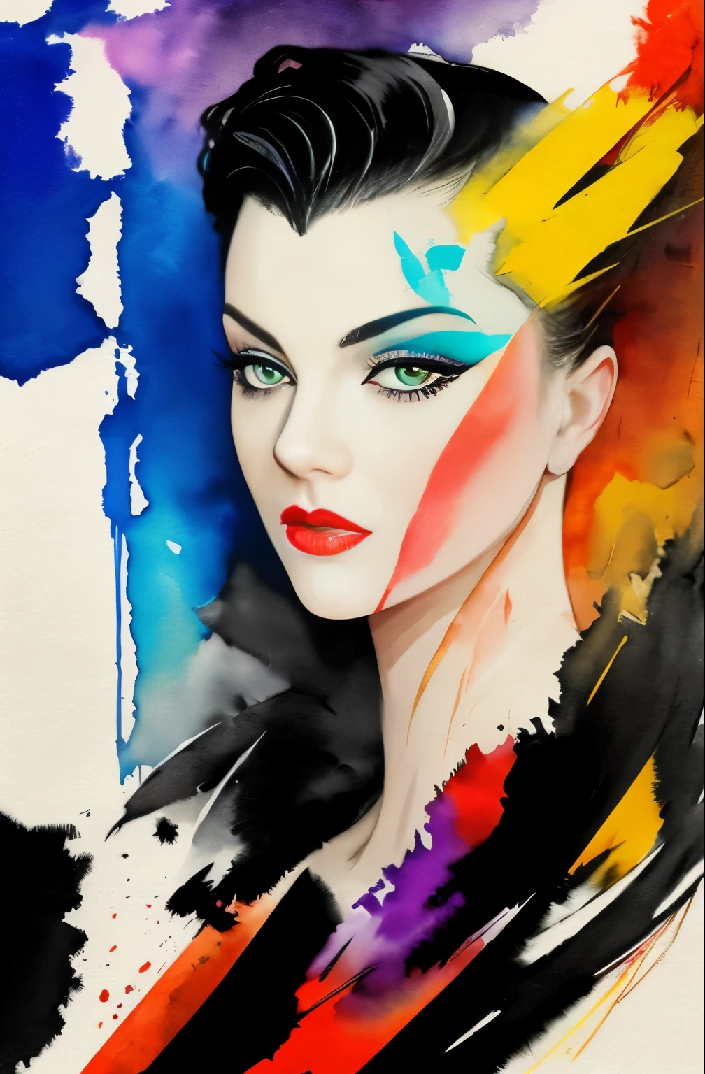 painting of a woman with a black and white face, Sylvia Pelissero watercolors, tumbler, abstract art, Intense watercolor painting, watercolor detailed art, Watercolor Splash, surreal, Avant-garde pop art, Beautiful and expressive paintings, Beautiful artwork illustration, very colorful tones, wonderful, cool beauty, highest quality,official art, women only, sharp outline, best shot, vector art, Written by Sandra Chevrier, Dave McKean、by Richard Avedon、Written by Makiezi Kusiala