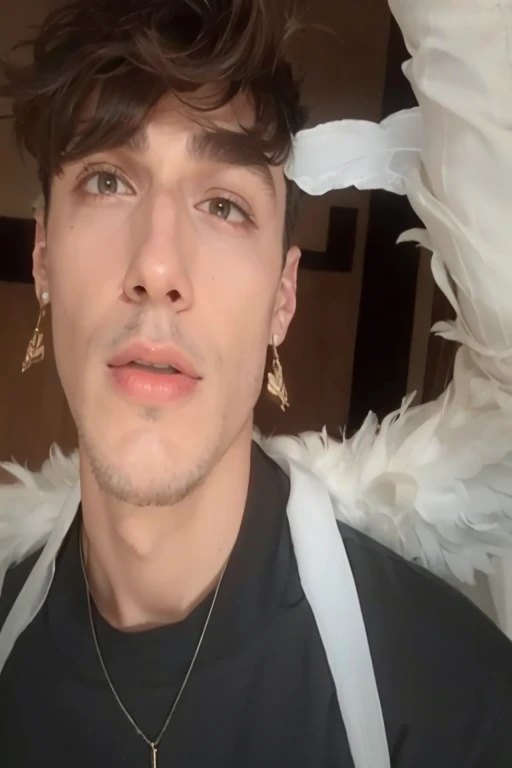 wired man with wings on his head and a necklace, inspirado em Luca Zontini, inspired by Kristian Kreković, handsome androgynous prince, inspired by John Luke, liam, delicate androgynous prince, imagem de qualidade muito baixa, rosto perfeito e garoto, inspirado em Louis Hersent, Antonio, inspirado em Alexis Grimou