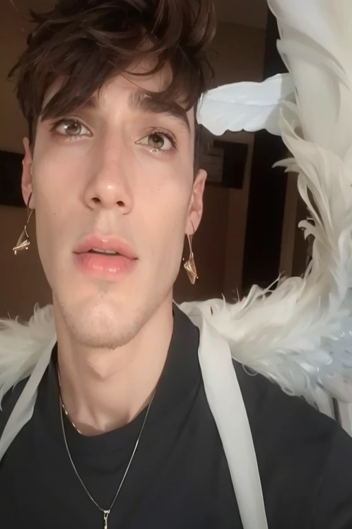 wired man with wings on his head and a necklace, inspirado em Luca Zontini, inspired by Kristian Kreković, handsome androgynous prince, inspired by John Luke, liam, delicate androgynous prince, imagem de qualidade muito baixa, rosto perfeito e garoto, inspirado em Louis Hersent, Antonio, inspirado em Alexis Grimou
